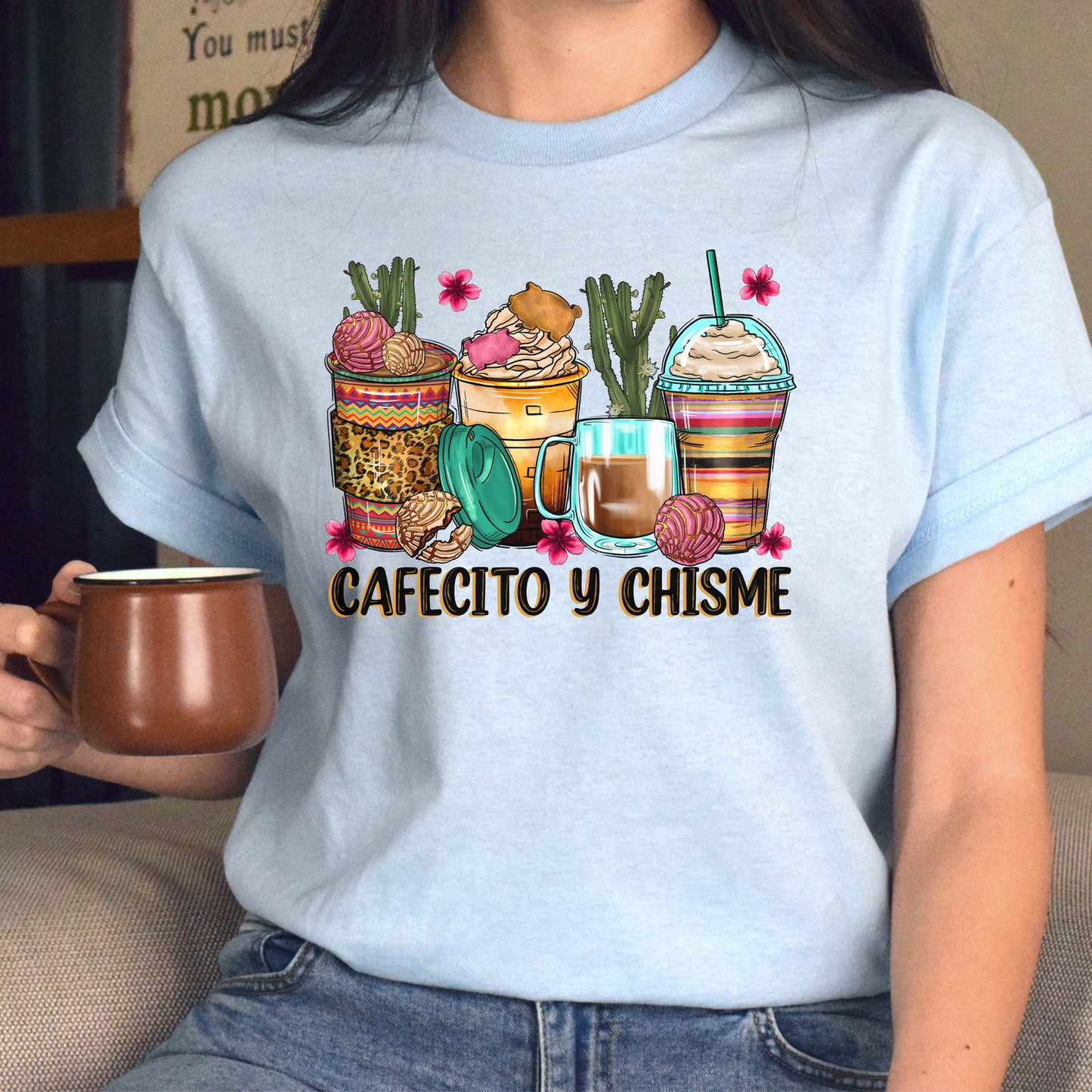 Cafecito y chisme coffee cups unisex tshirt Mexican coffee lover tee S-5XL-Family-Gift-Planet