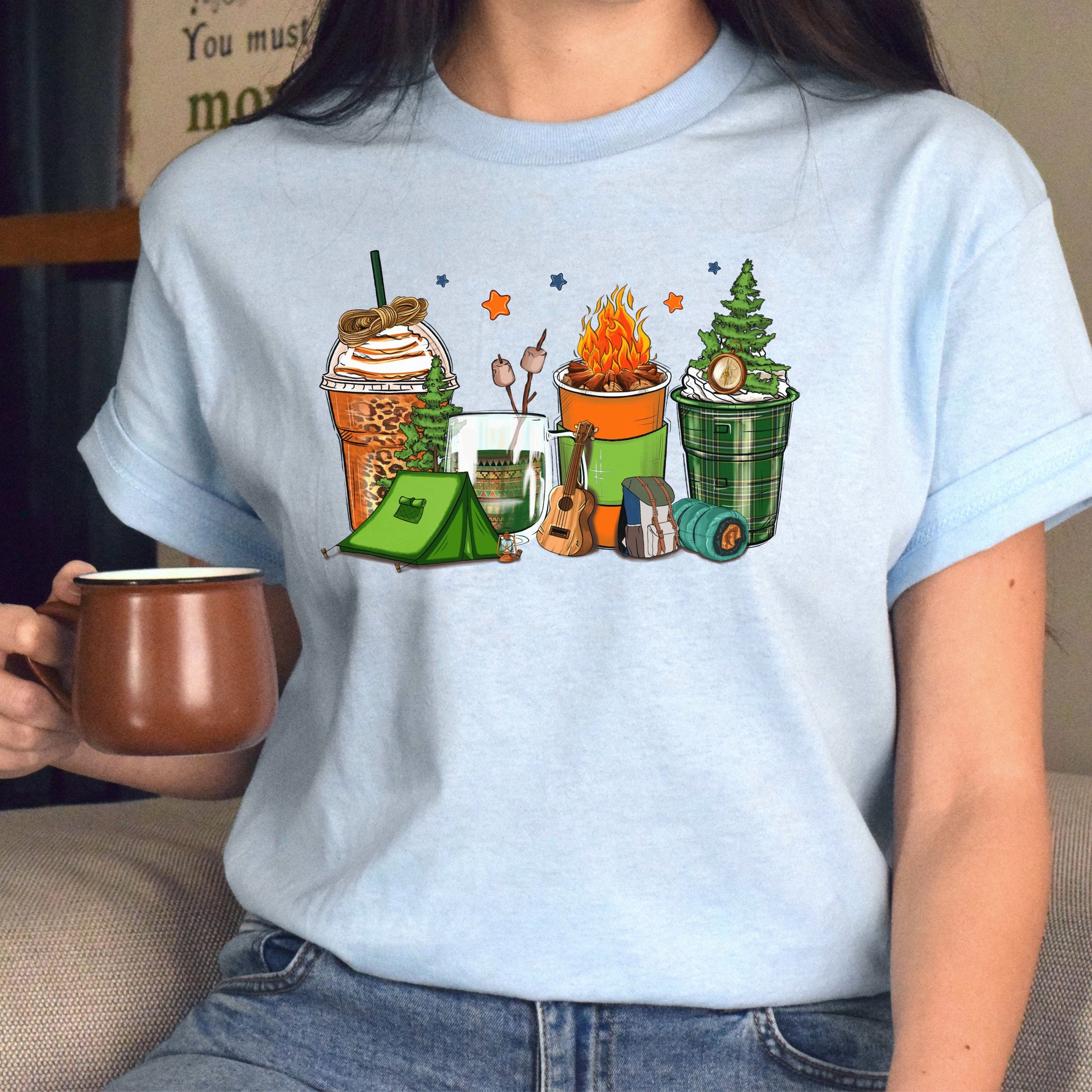 Camping and coffee cups unisex tshirt happy camper tee S-5XL-Family-Gift-Planet