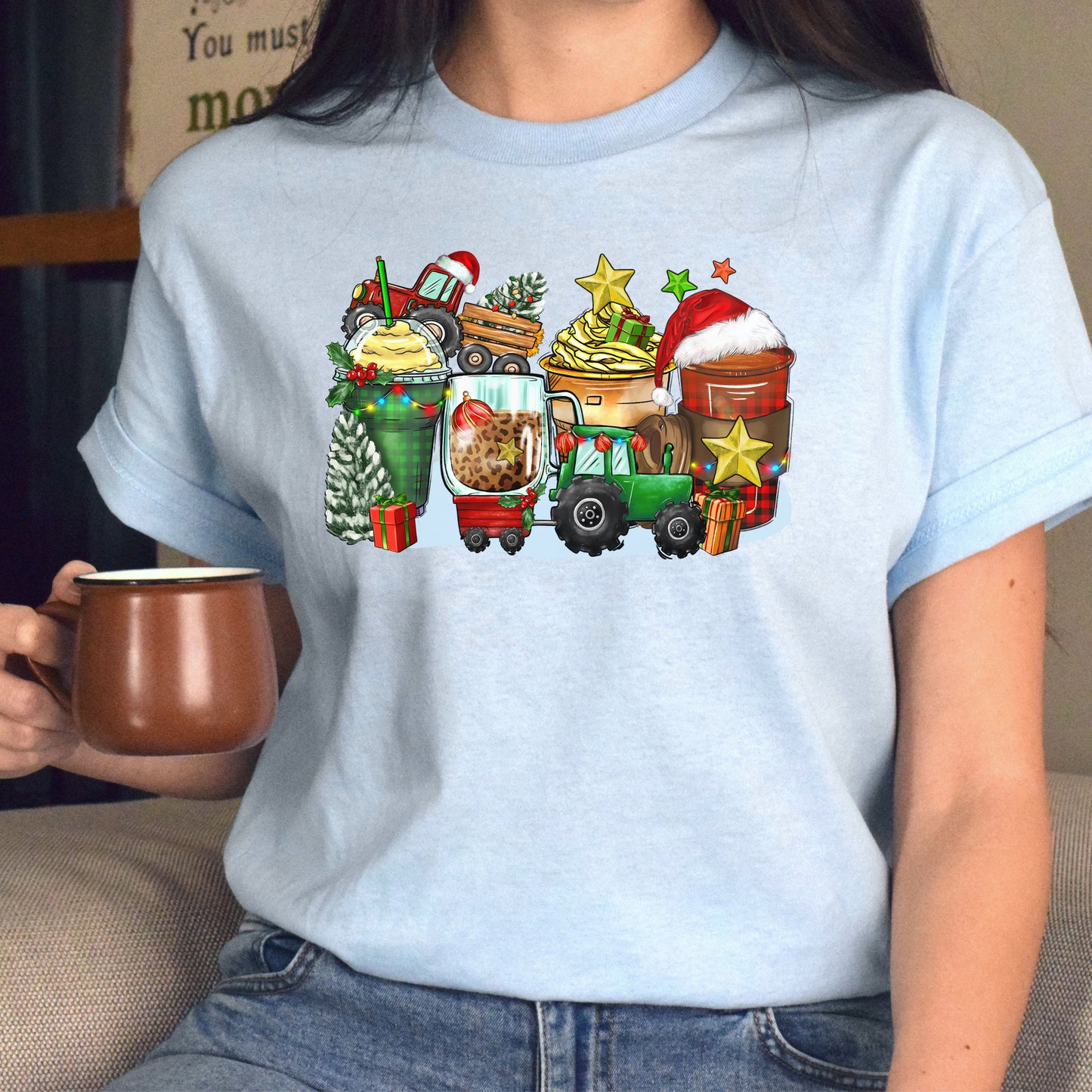 Christmas tractor and coffee cups unisex tshirt tractor owner tee S-5XL-Family-Gift-Planet