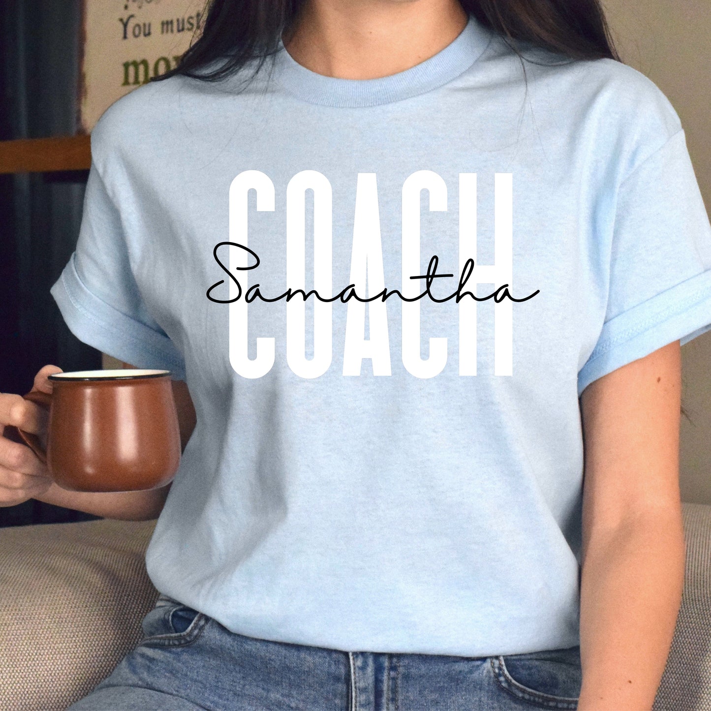 Personalized Coach Unisex T-shirt gift for coach Sand Pink Light Blue-Light Blue-Family-Gift-Planet