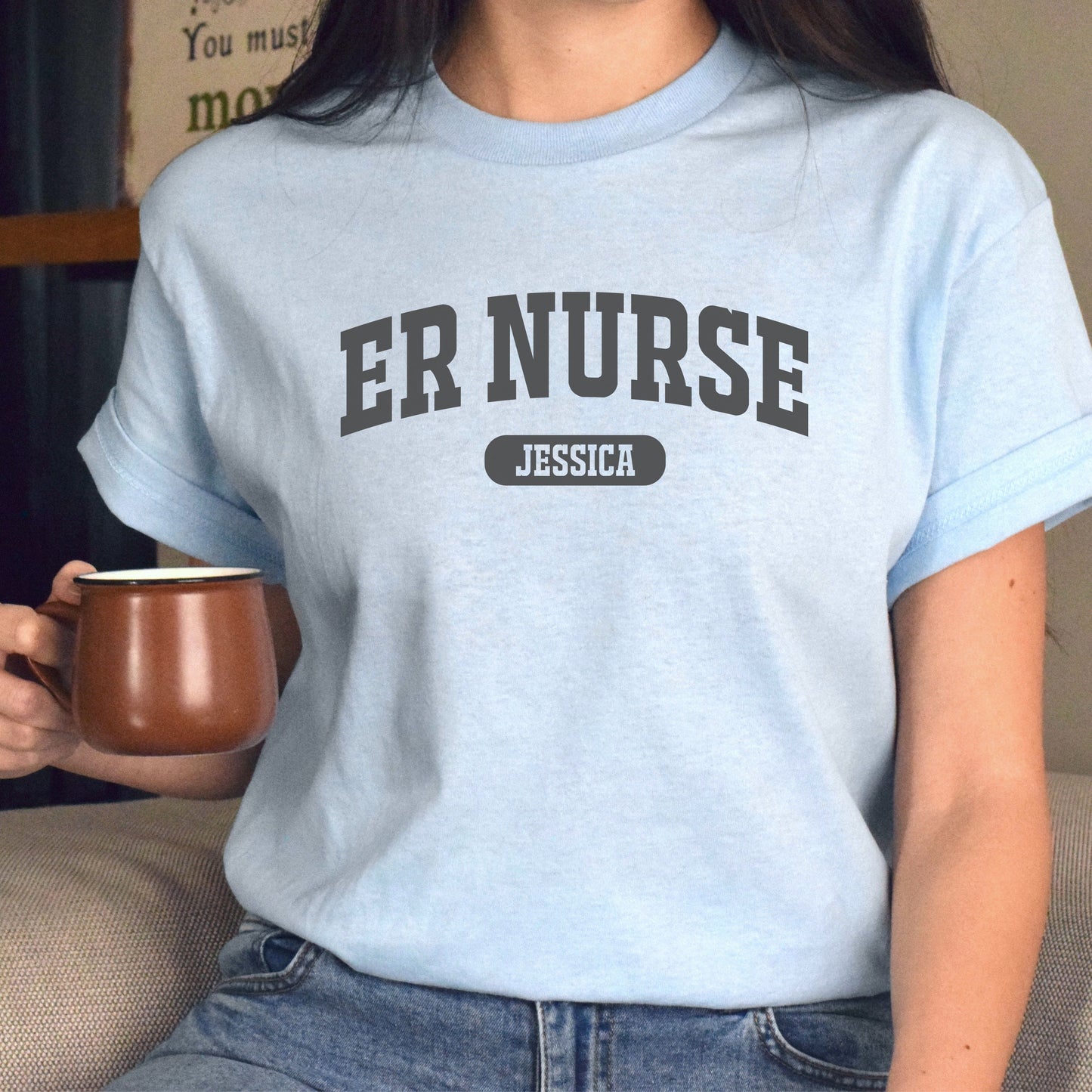 ER nurse Personalized Unisex T-shirt Custom White Emergency Nurse Practitioner Sand Light Blue-Light Blue-Family-Gift-Planet