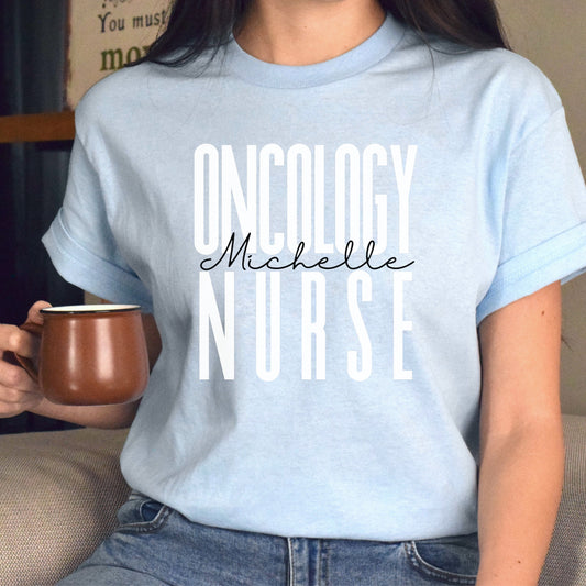 Personalized Oncology nurse T-shirt gift Custom name Chemo infusion nurse Unisex Tee Sand Pink Light Blue-Light Blue-Family-Gift-Planet