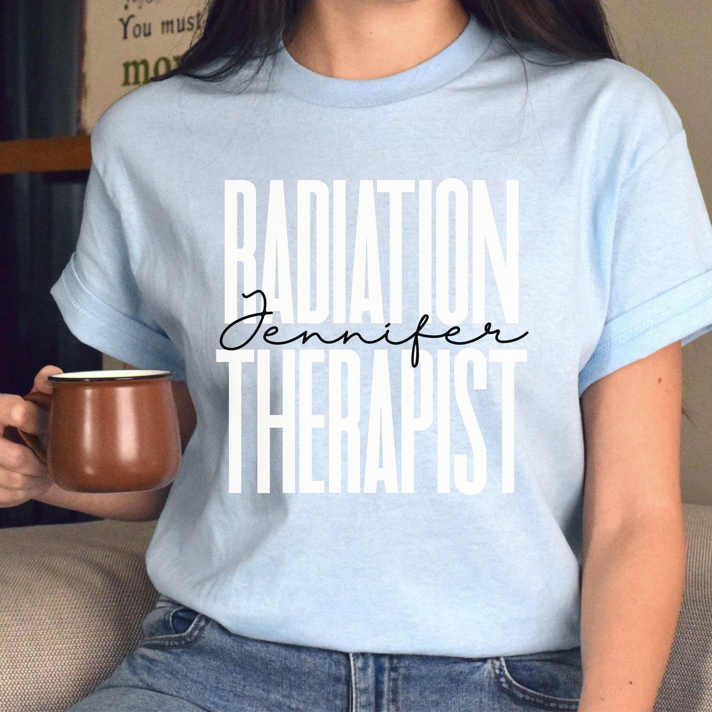 Personalized radiation therapist T-shirt gift Custom name Rad therapy tech Unisex Tee Sand Pink Light Blue-Light Blue-Family-Gift-Planet