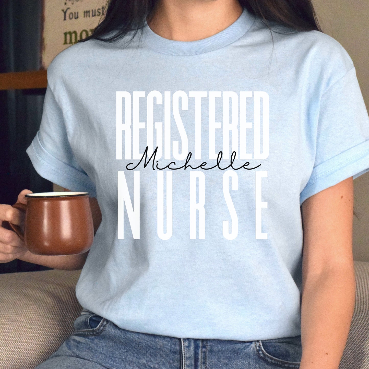 Personalized Registered nurse T-shirt gift Custom name RN Registered Nurse Practitioner Unisex Tee Sand Pink Light Blue-Light Blue-Family-Gift-Planet