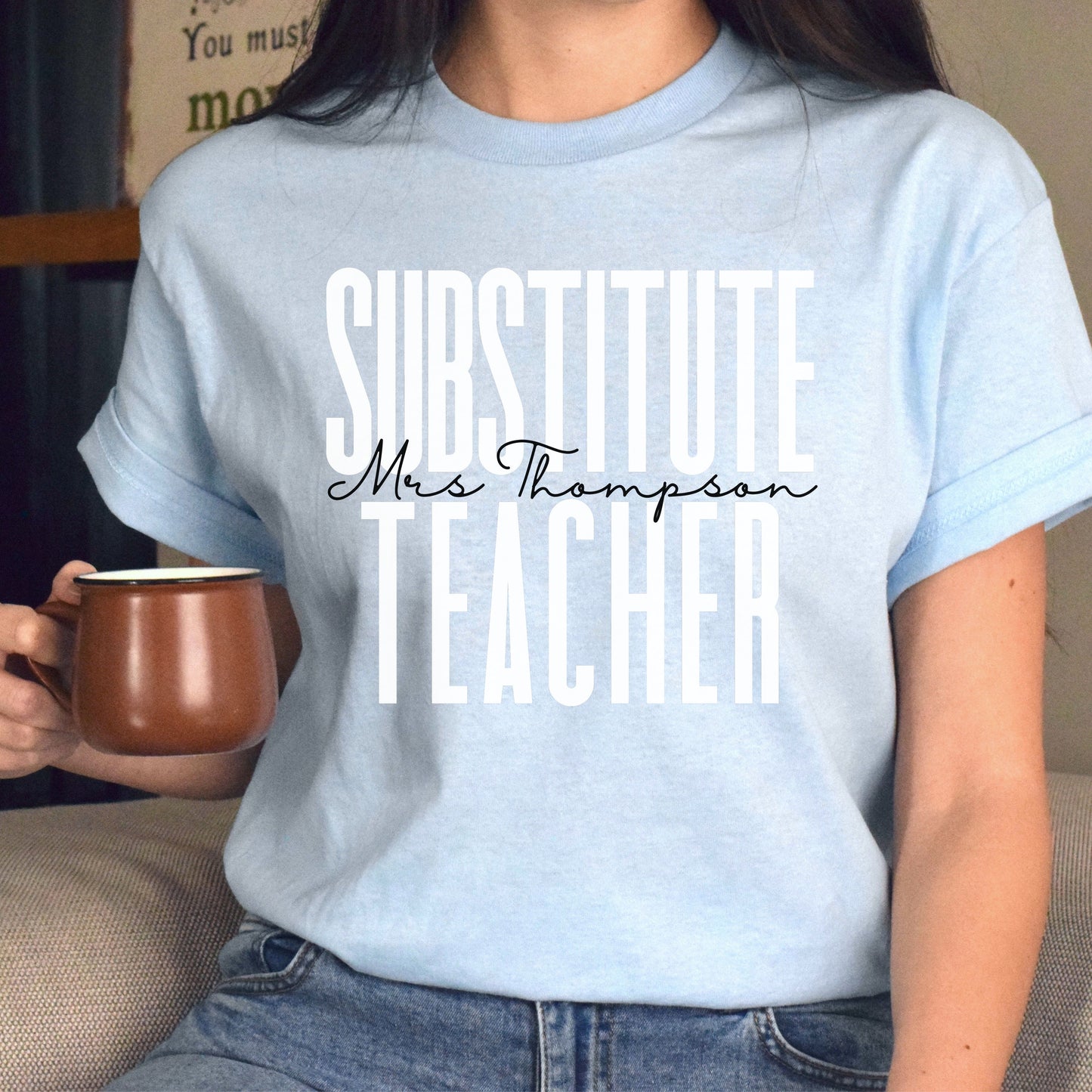 Personalized Substitute teacher T-shirt gift Custom name sub teacher back to school Unisex Tee Sand Pink Light Blue-Light Blue-Family-Gift-Planet