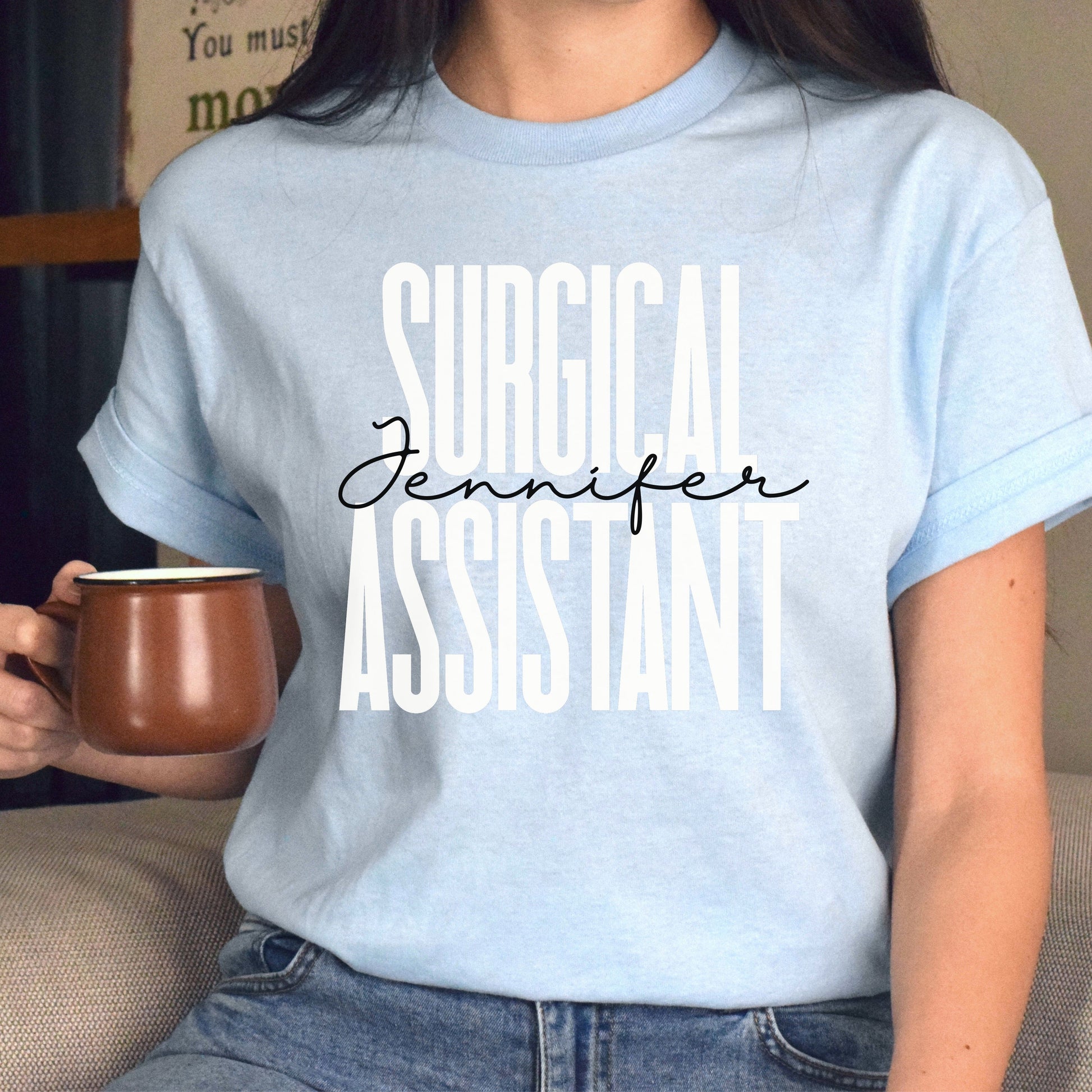 Personalized Surgical assistant T-shirt gift Custom name Surgery squad Unisex Tee Sand Pink Light Blue-Light Blue-Family-Gift-Planet