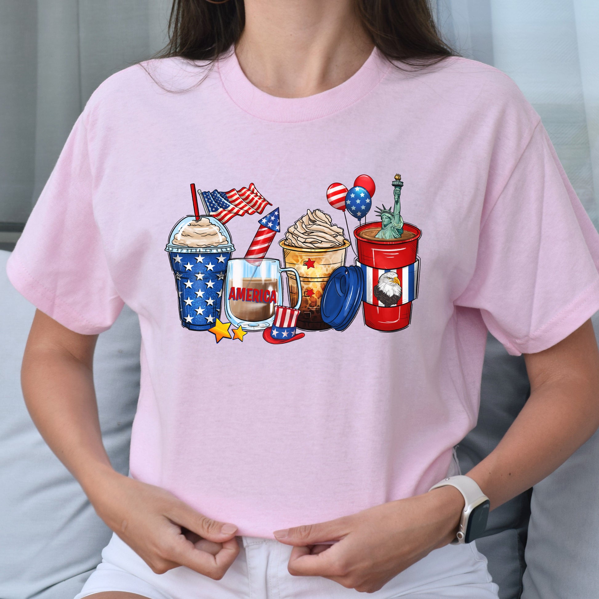 4th of July coffee cups unisex tshirt US Independence day S-5XL-Light Pink-Family-Gift-Planet