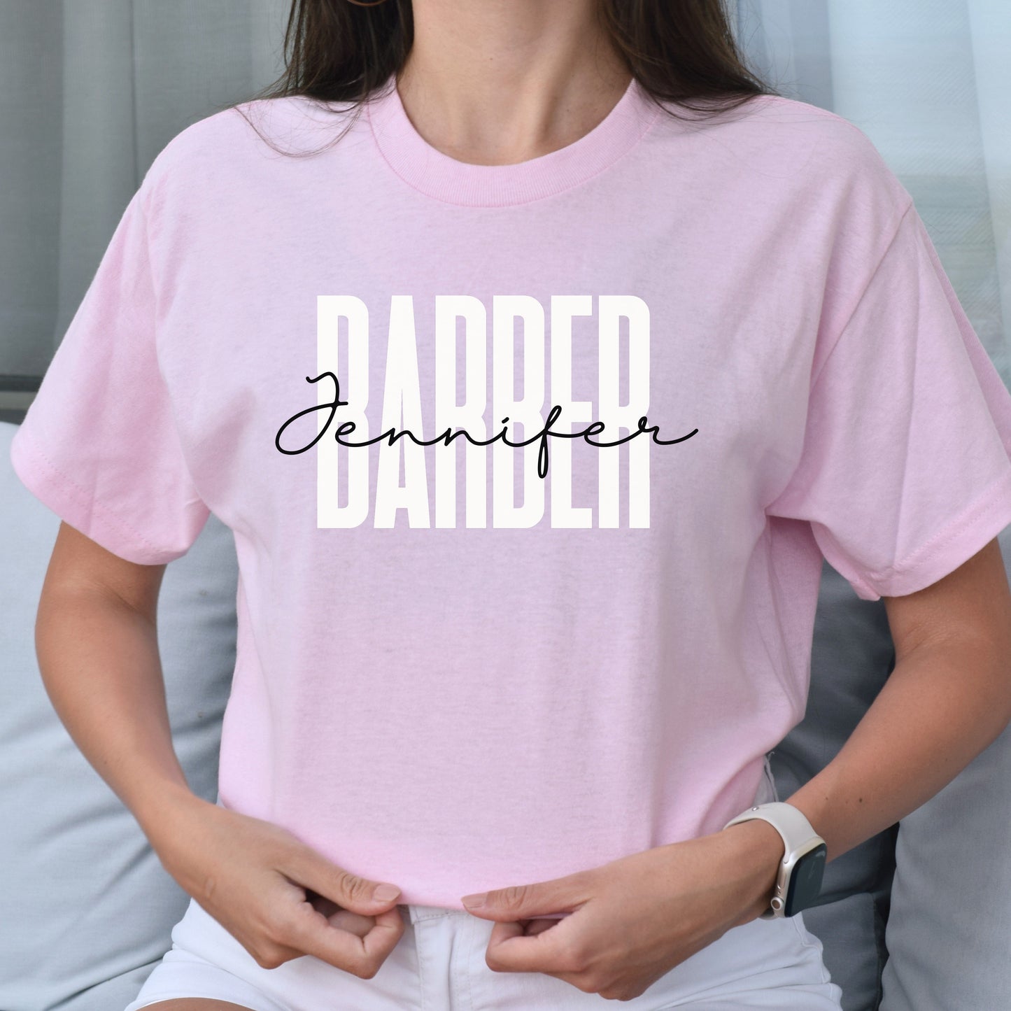 Personalized Barber Unisex T-shirt Custom name haircutter Sand Blue Pink-Light Pink-Family-Gift-Planet