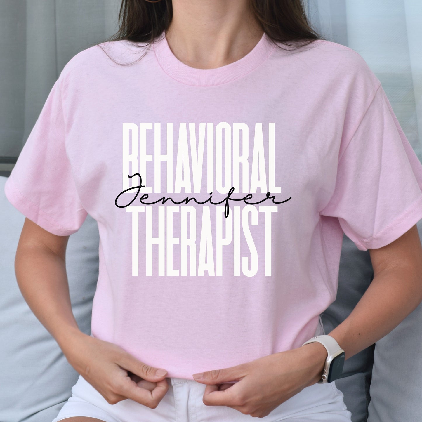 Personalized Behavioral Therapist Unisex T-shirt Custom name specialist Sand Blue Pink-Light Pink-Family-Gift-Planet