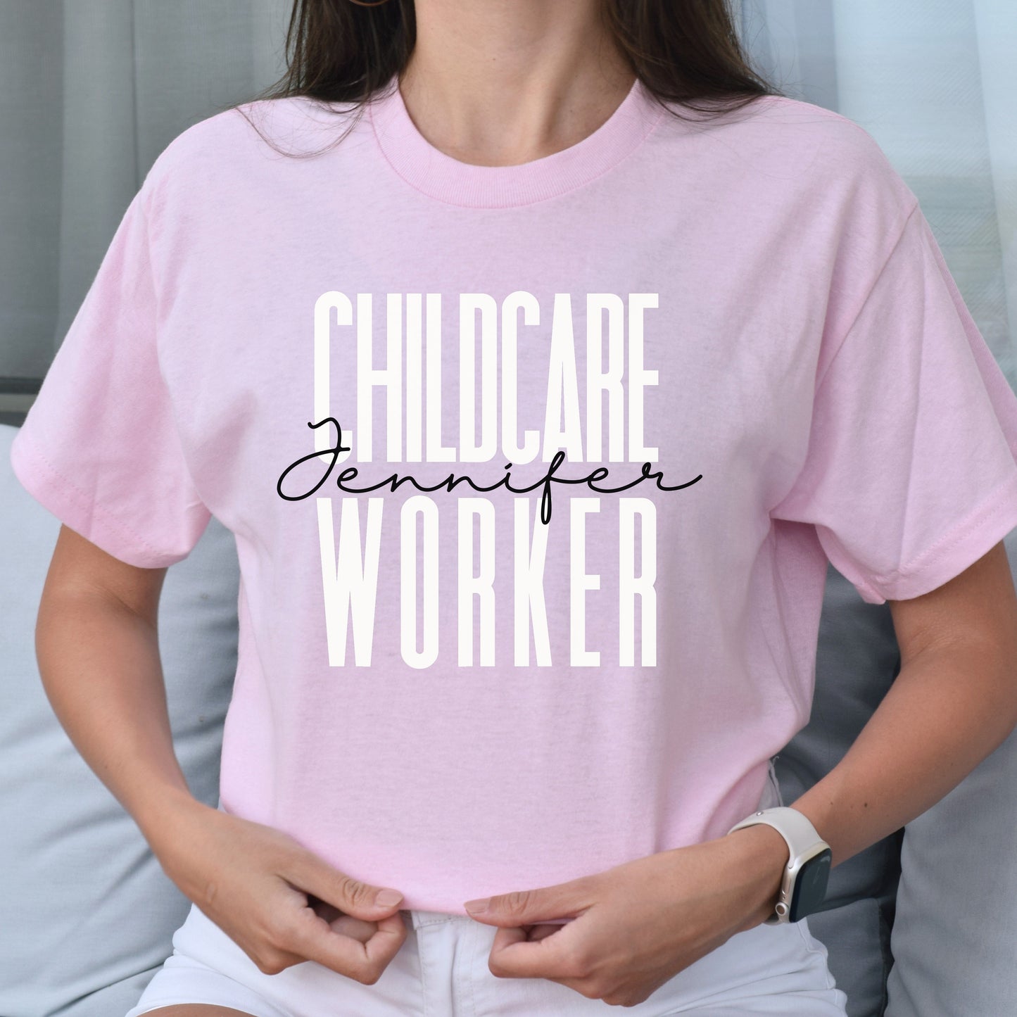 Personalized Childcare Worker Unisex T-shirt Custom name daycare worker Sand Blue Pink-Light Pink-Family-Gift-Planet