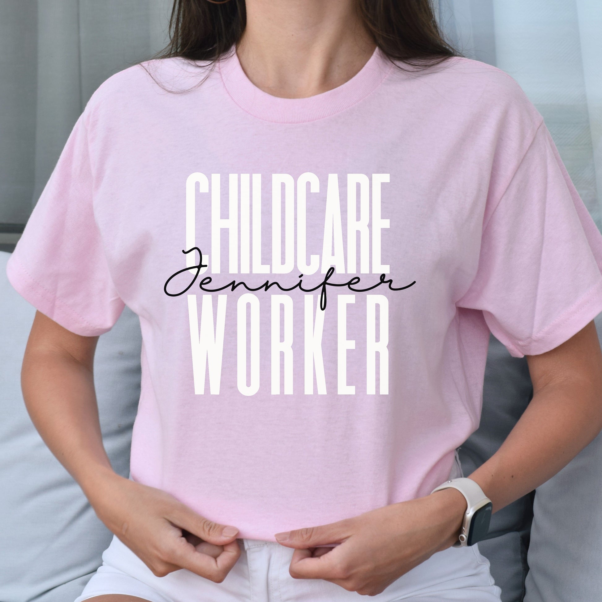 Personalized Childcare Worker Unisex T-shirt Custom name daycare worker Sand Blue Pink-Light Pink-Family-Gift-Planet