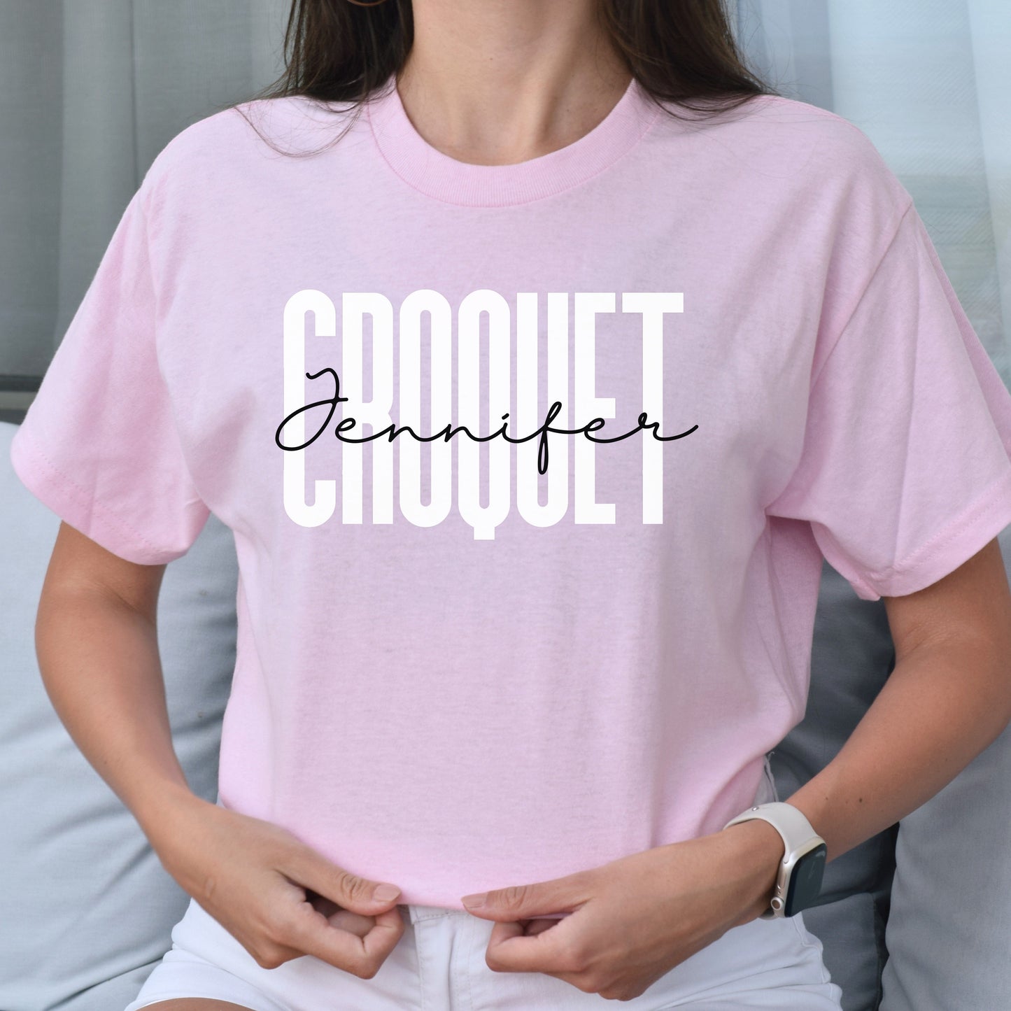 Personalized Croquet Unisex T-shirt Custom name croquet player Sand Blue Pink-Light Pink-Family-Gift-Planet