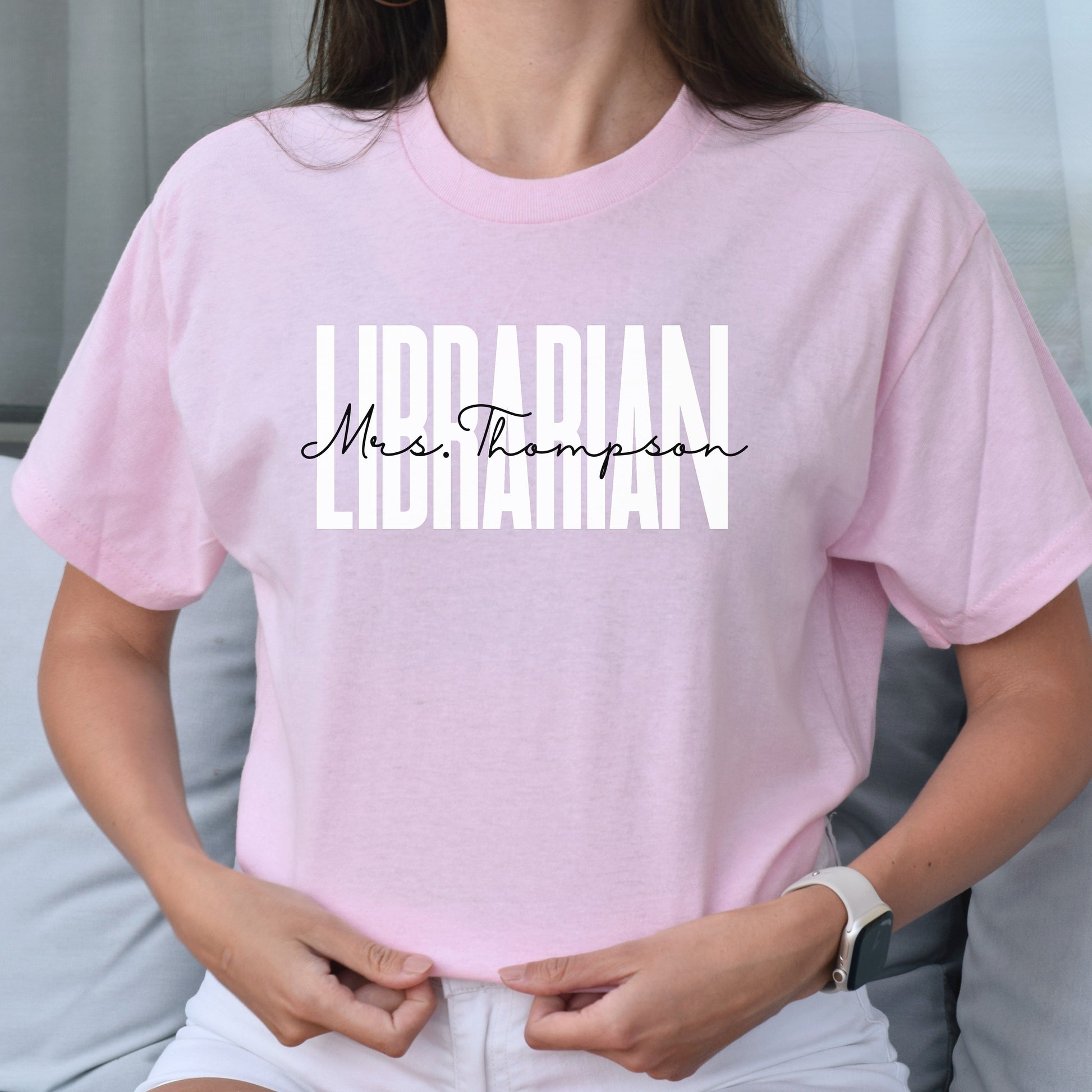 Personalized Librarian Unisex T-shirt Custom Name School Library Sand Blue Pink-Light Pink-Family-Gift-Planet