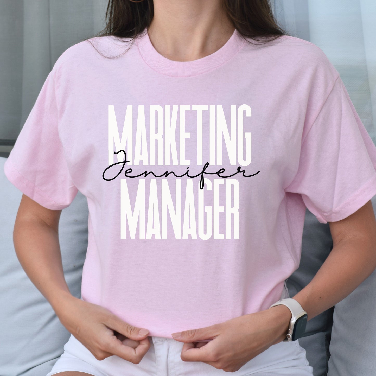 Personalized T-Shirt gift Marketing Manager Custom name Social Media Marketer Unisex Tee Sand Pink Blue-Light Pink-Family-Gift-Planet