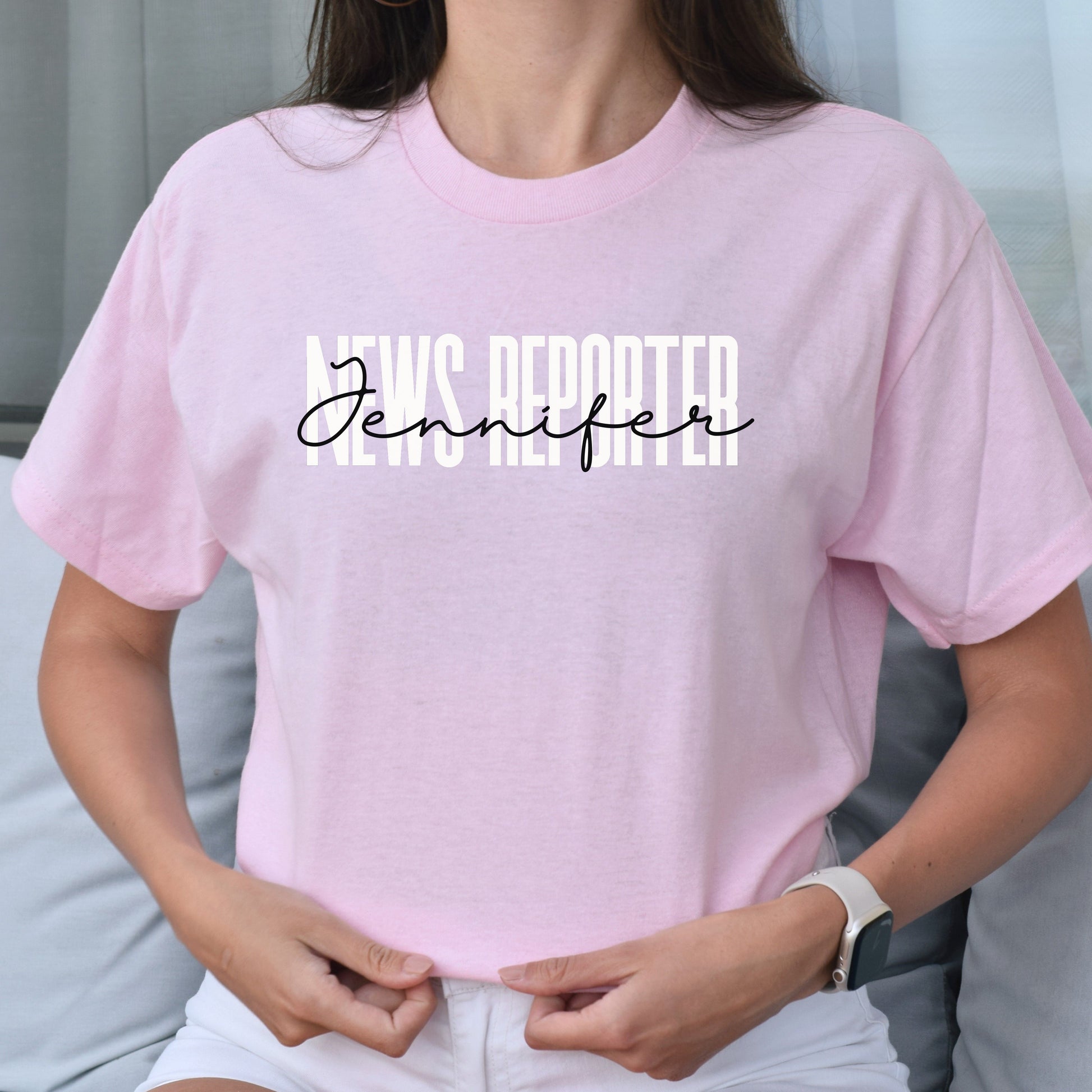 Personalized News Reporter T-Shirt gift Custom name Journalist Unisex Tee Sand Pink Blue-Light Pink-Family-Gift-Planet