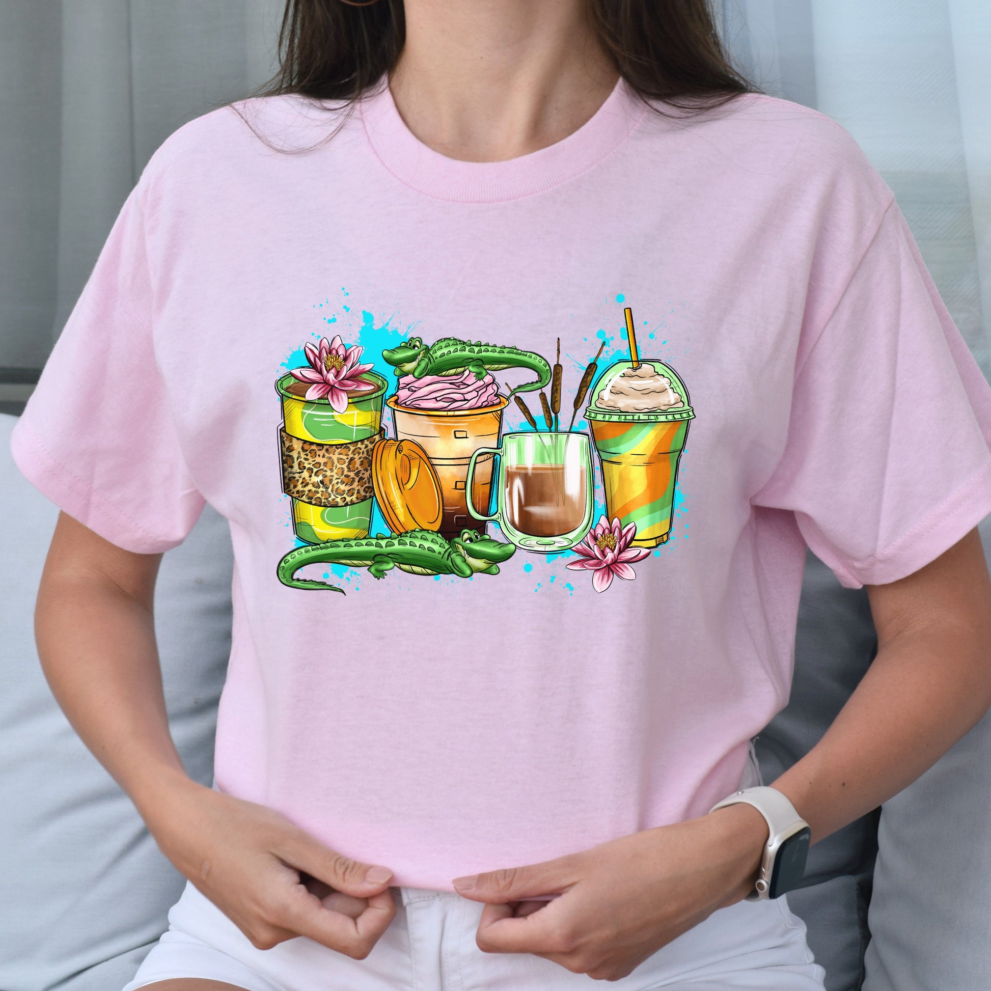 Aligator and coffee cups unisex tshirt jungle crocodile tee S-5XL-Family-Gift-Planet