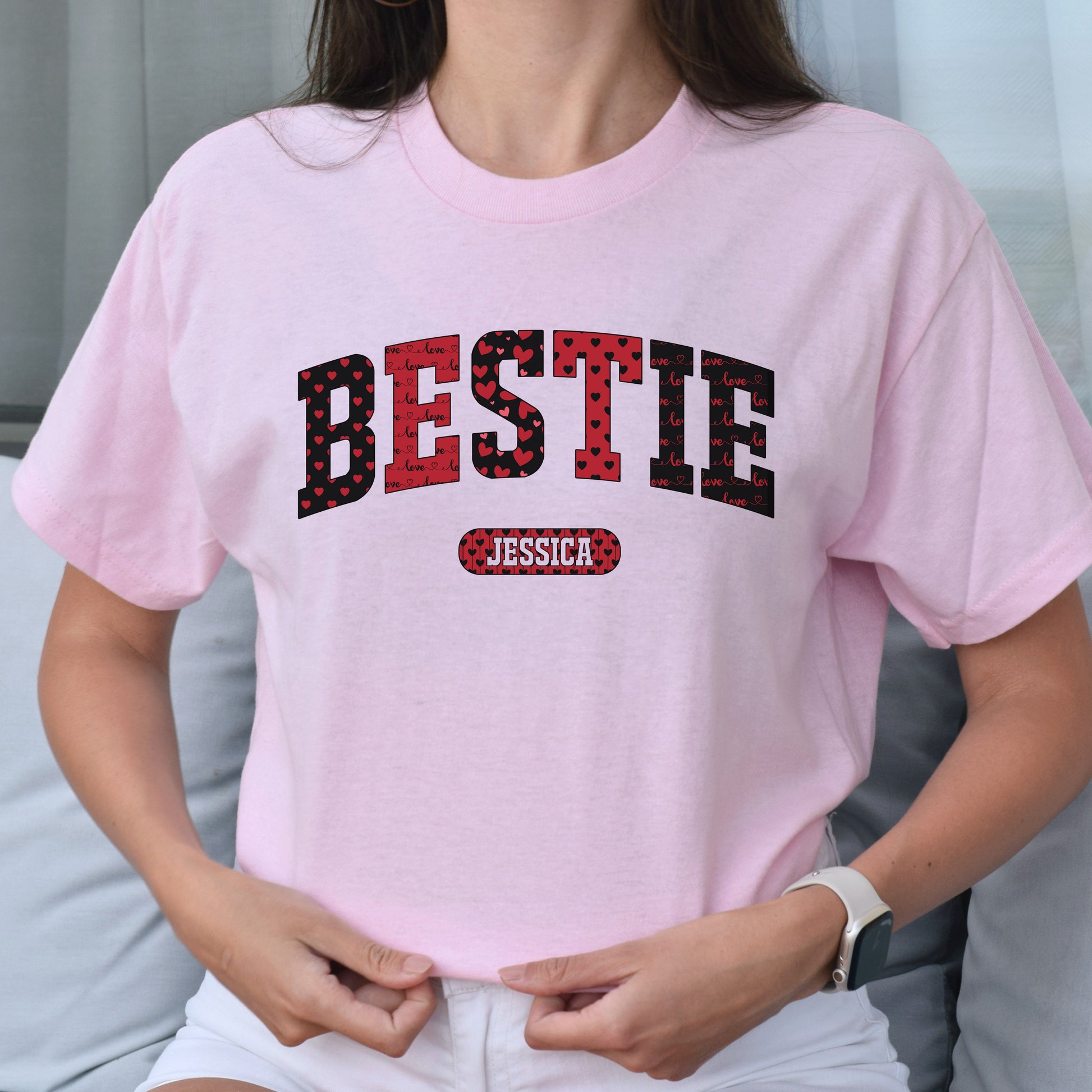 Personalized Bestie Valentine's Day Unisex T-Shirt Custom name best friends heart love-Light Pink-Family-Gift-Planet