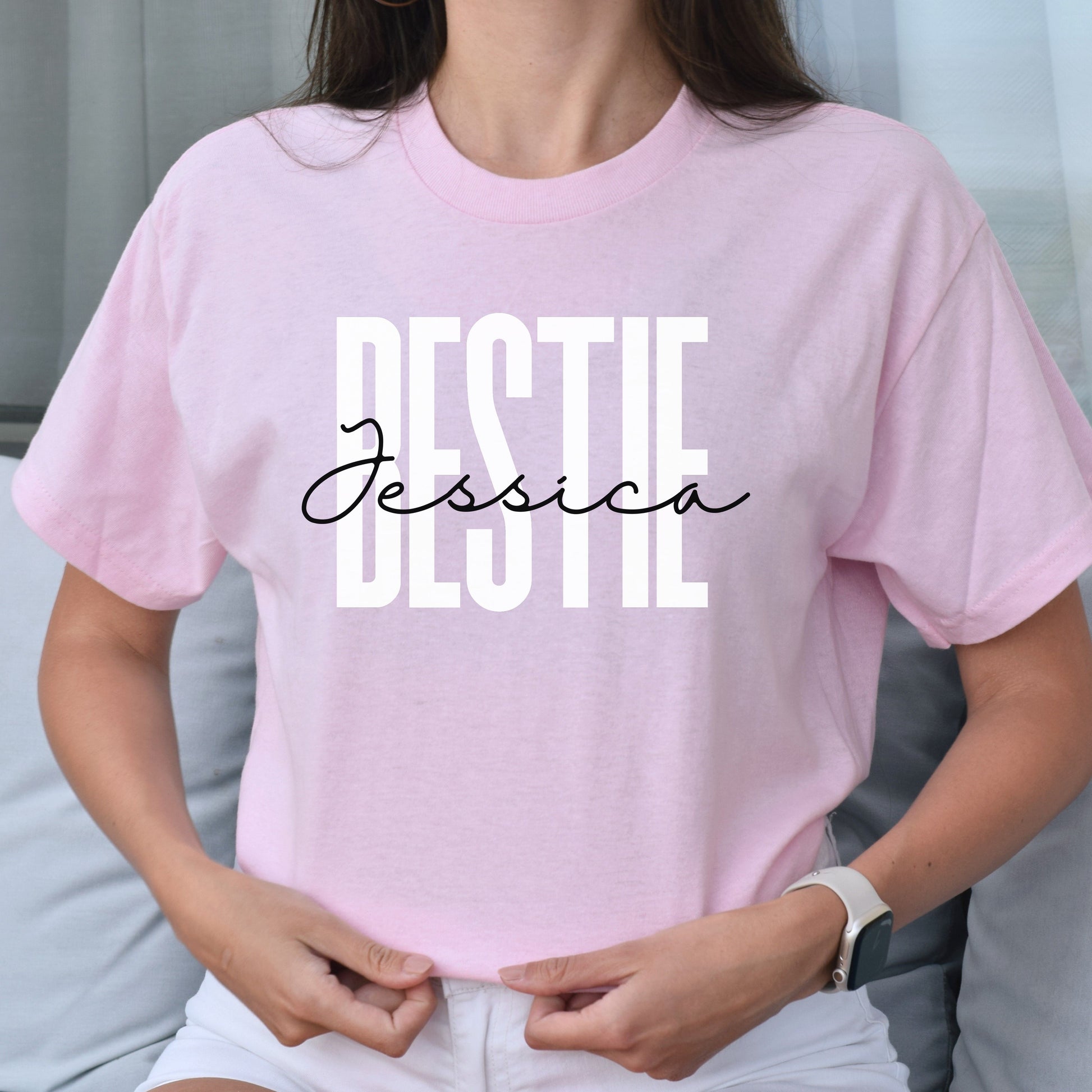 Personalized Bestie Unisex T-shirt Custom name best friends Sand Blue Pink-Light Pink-Family-Gift-Planet