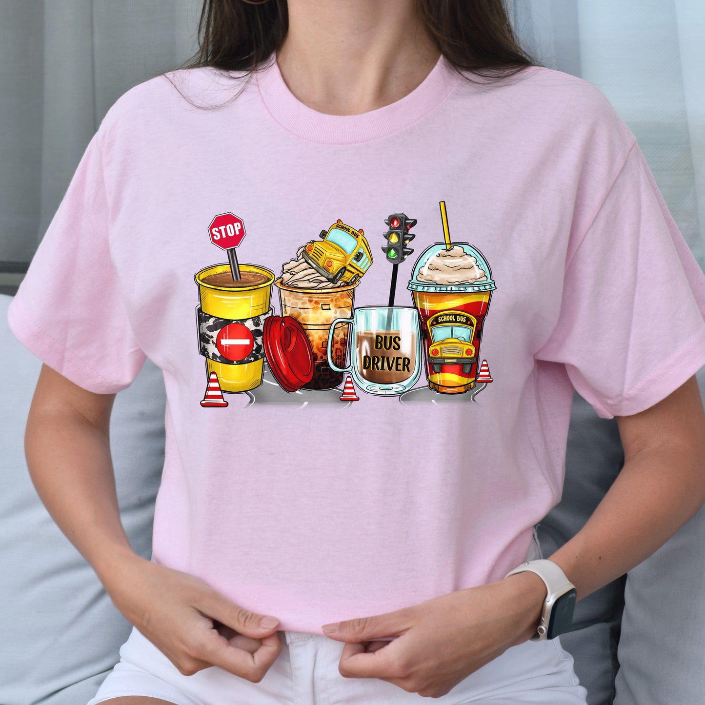 School bus driver and coffee cups unisex tshirt back to school tee S-5XL-Light Pink-Family-Gift-Planet