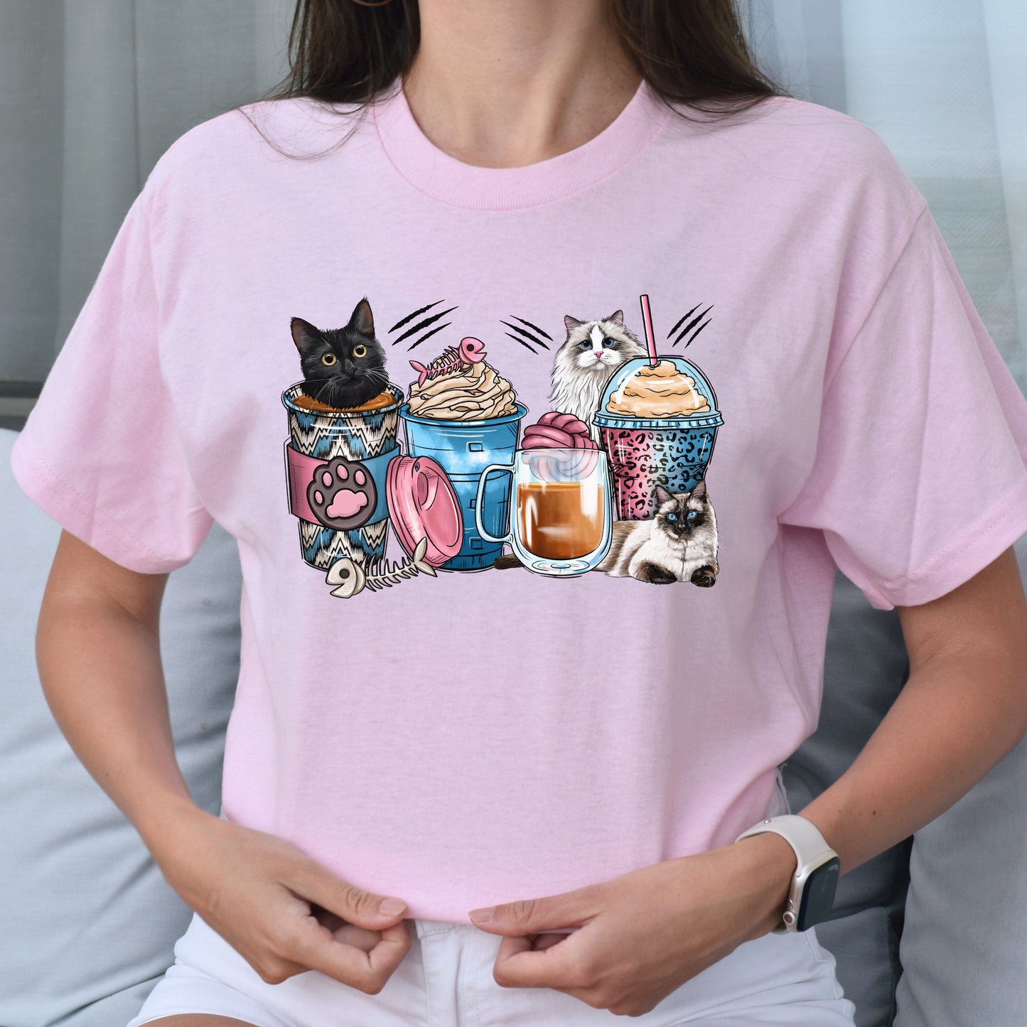 Cats coffee cups unisex tshirt cats owner tee S-5XL-Light Pink-Family-Gift-Planet