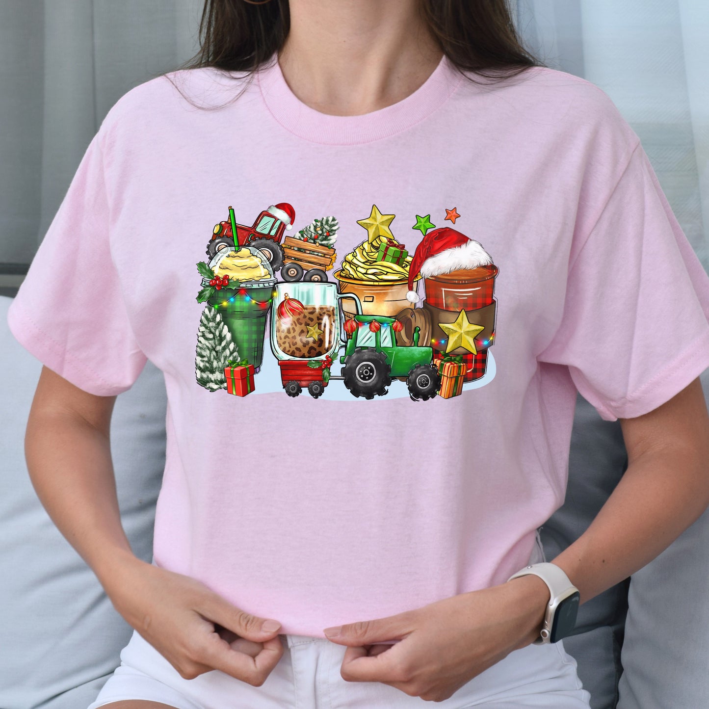 Christmas tractor and coffee cups unisex tshirt tractor owner tee S-5XL-Family-Gift-Planet