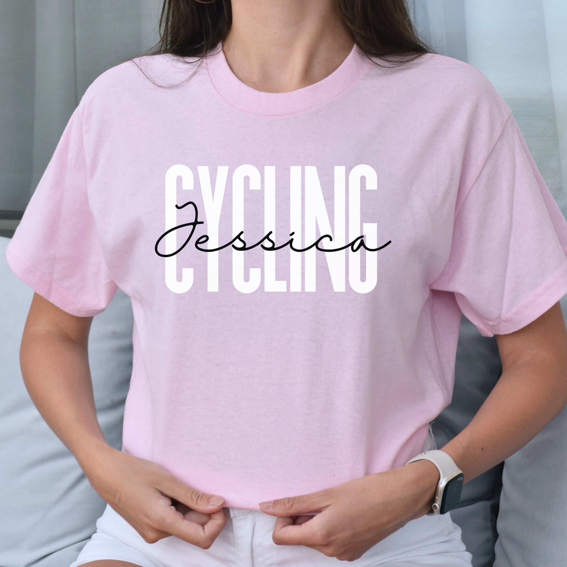 Personalized Cycling Unisex T-shirt Custom name bicycle lover Sand Blue Pink-Light Pink-Family-Gift-Planet