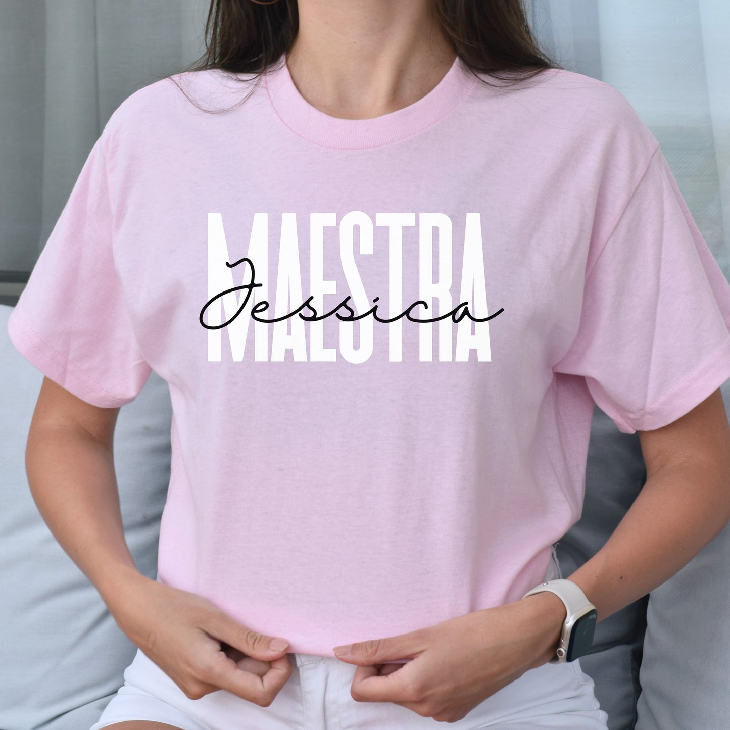 Personalized Maestra T-Shirt gift Custom name Spanish Language Teacher Unisex Tee Sand Pink Blue-Light Pink-Family-Gift-Planet