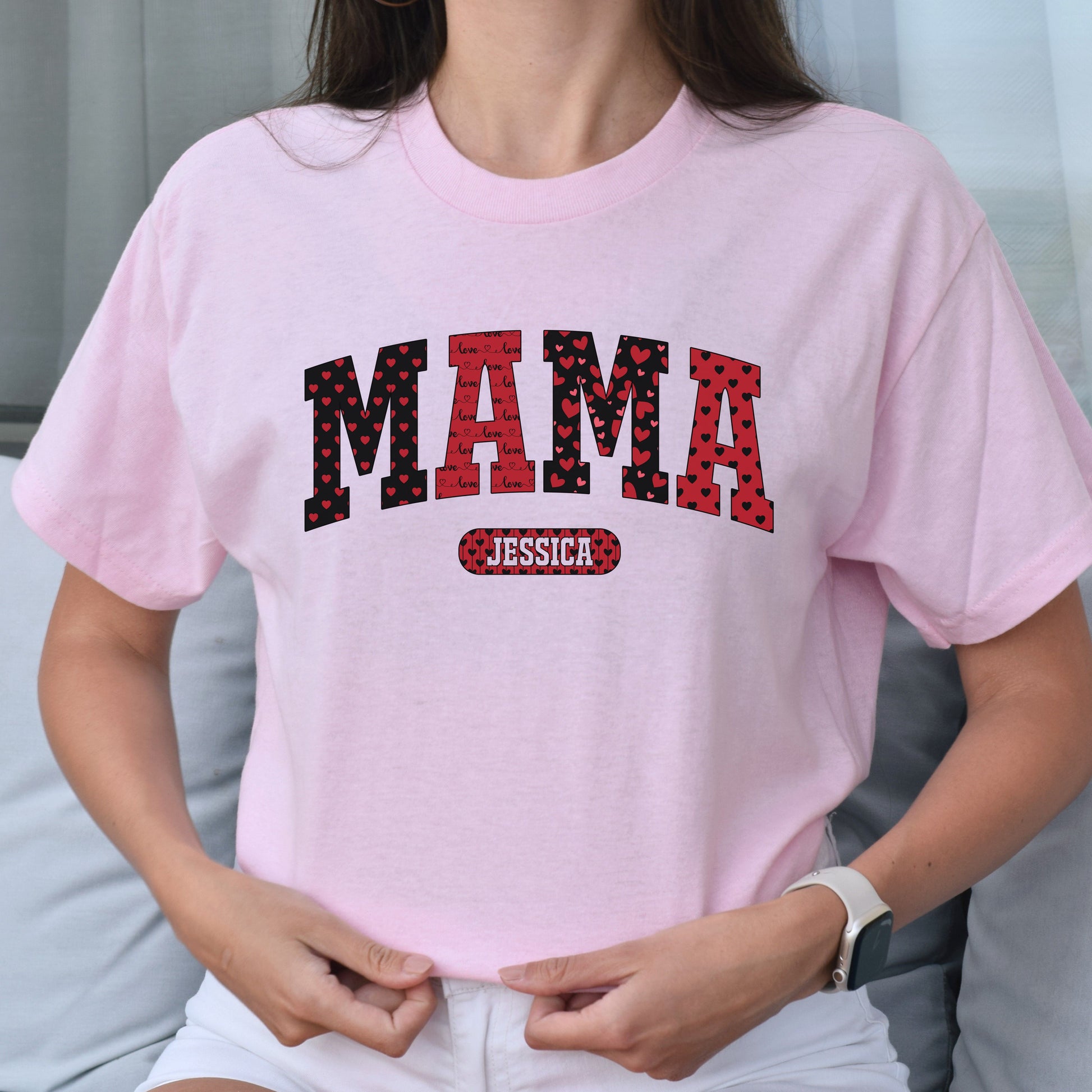 Personalized Mama Valentine's Day Unisex T-Shirt Custom name Mom heart love-Light Pink-Family-Gift-Planet