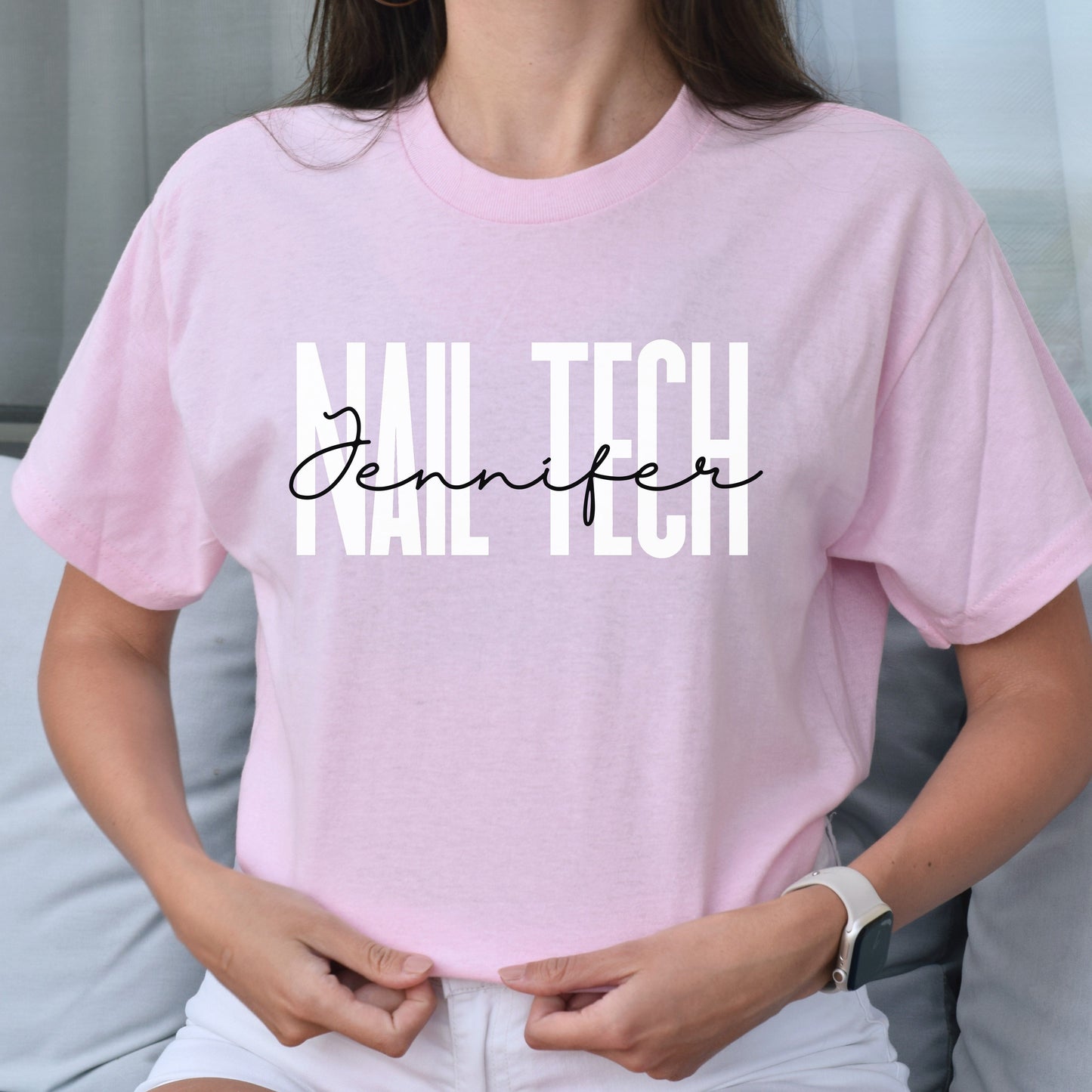 Personalized Nail tech T-Shirt gift Custom name Nail technician Esthetician Unisex Tee Sand Pink Blue-Light Pink-Family-Gift-Planet