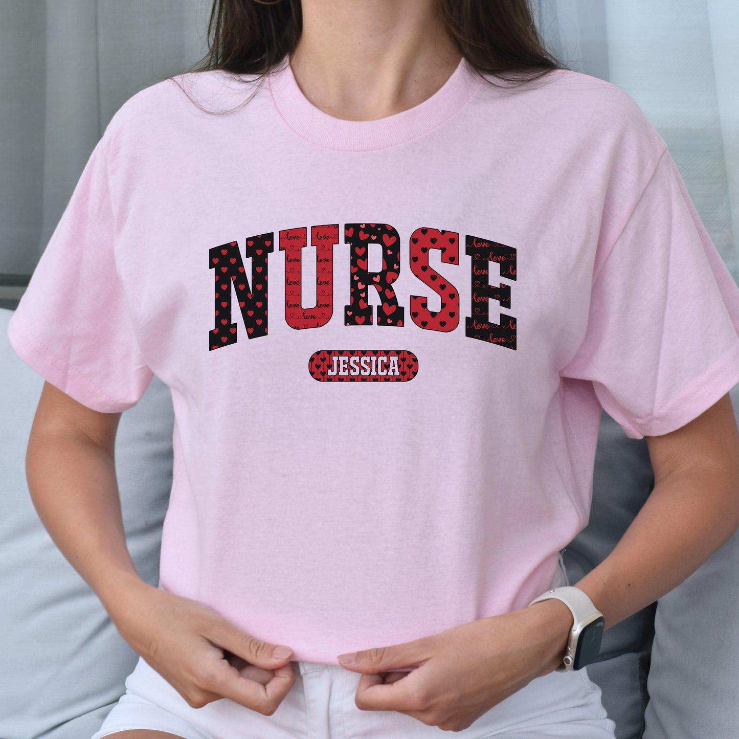 Personalized Nurse Valentine's Day Unisex T-Shirt Custom name RN heart love-Light Pink-Family-Gift-Planet