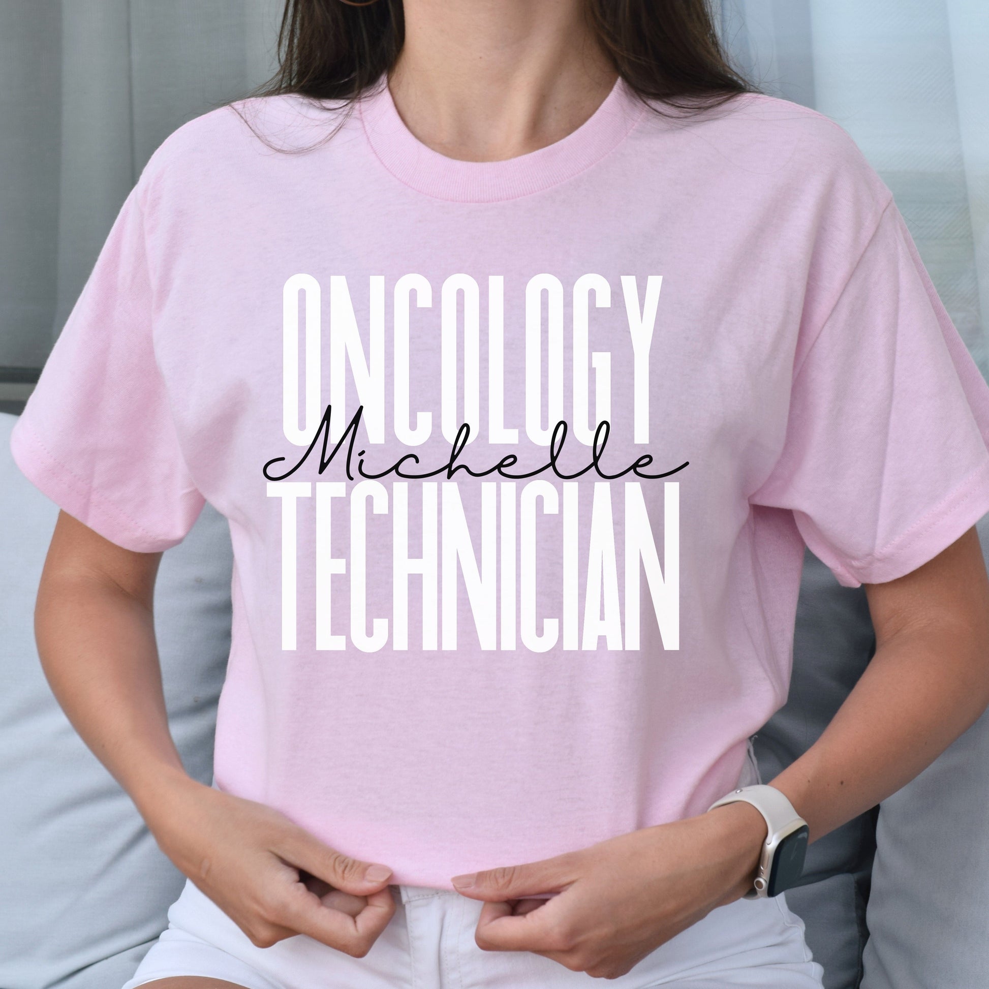 Personalized Oncology technician T-shirt gift Custom Oncology tech squad Unisex Tee Sand Pink Light Blue-Light Pink-Family-Gift-Planet