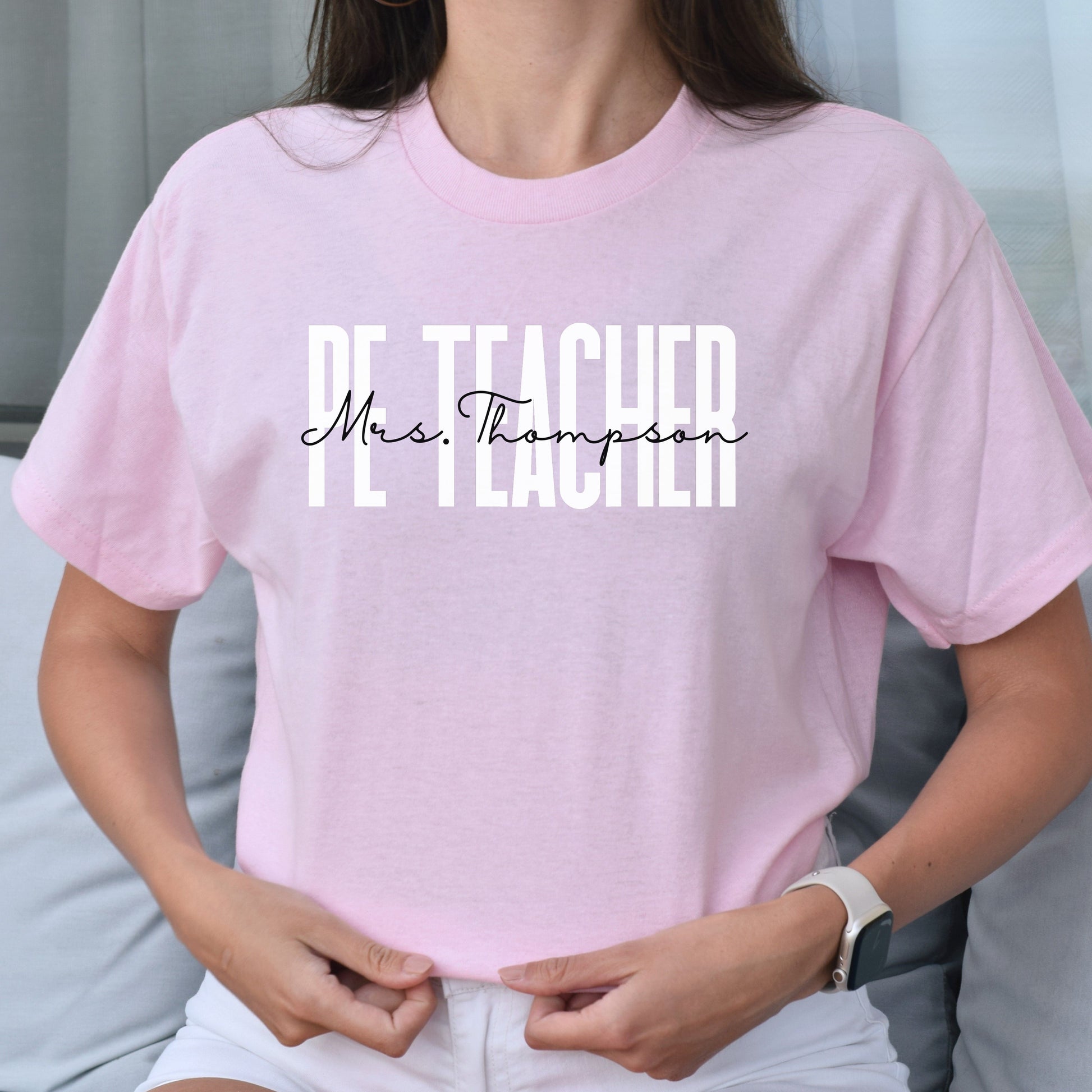 Personalized PE Teacher T-shirt gift Custom Physical Education Teacher Unisex Tee Sand Pink Light Blue-Light Pink-Family-Gift-Planet