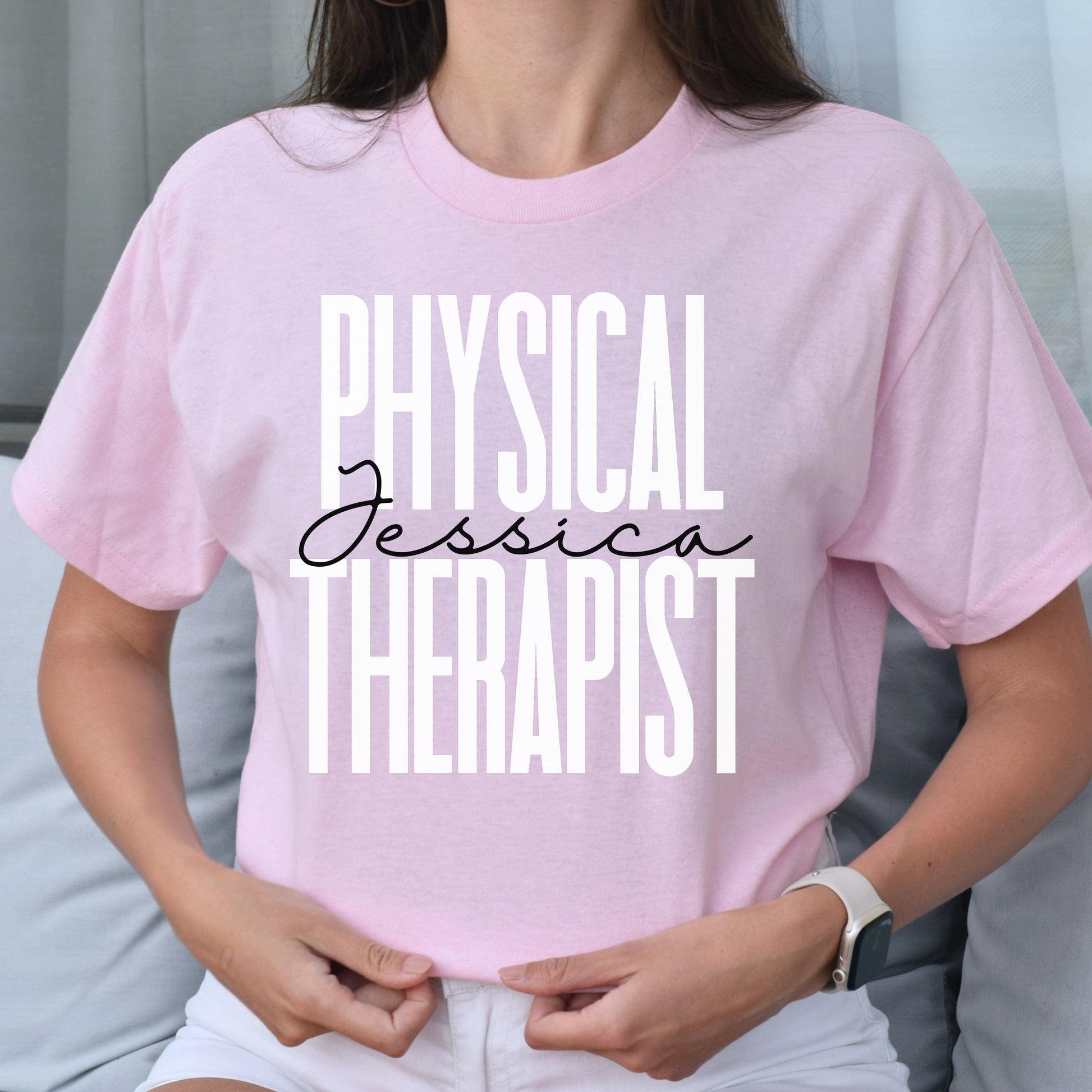 Personalized Physical therapist T-shirt gift Physical therapy Unisex Tee Sand Pink Light Blue-Light Pink-Family-Gift-Planet