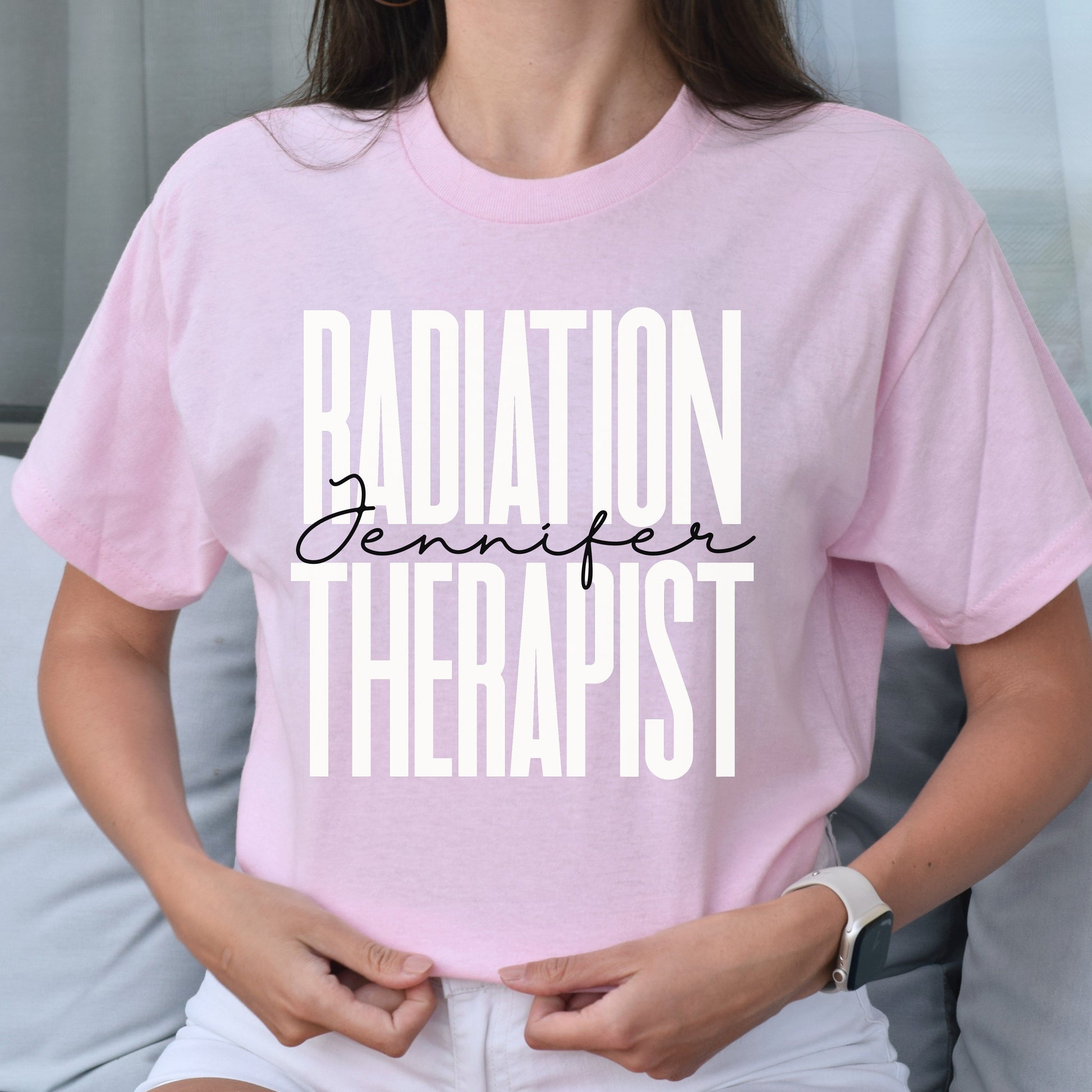 Personalized radiation therapist T-shirt gift Custom name Rad therapy tech Unisex Tee Sand Pink Light Blue-Light Pink-Family-Gift-Planet