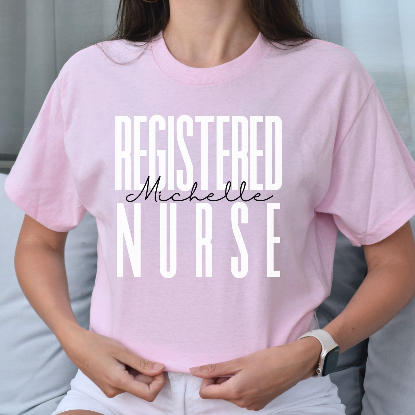 Personalized Registered nurse T-shirt gift Custom name RN Registered Nurse Practitioner Unisex Tee Sand Pink Light Blue-Light Pink-Family-Gift-Planet