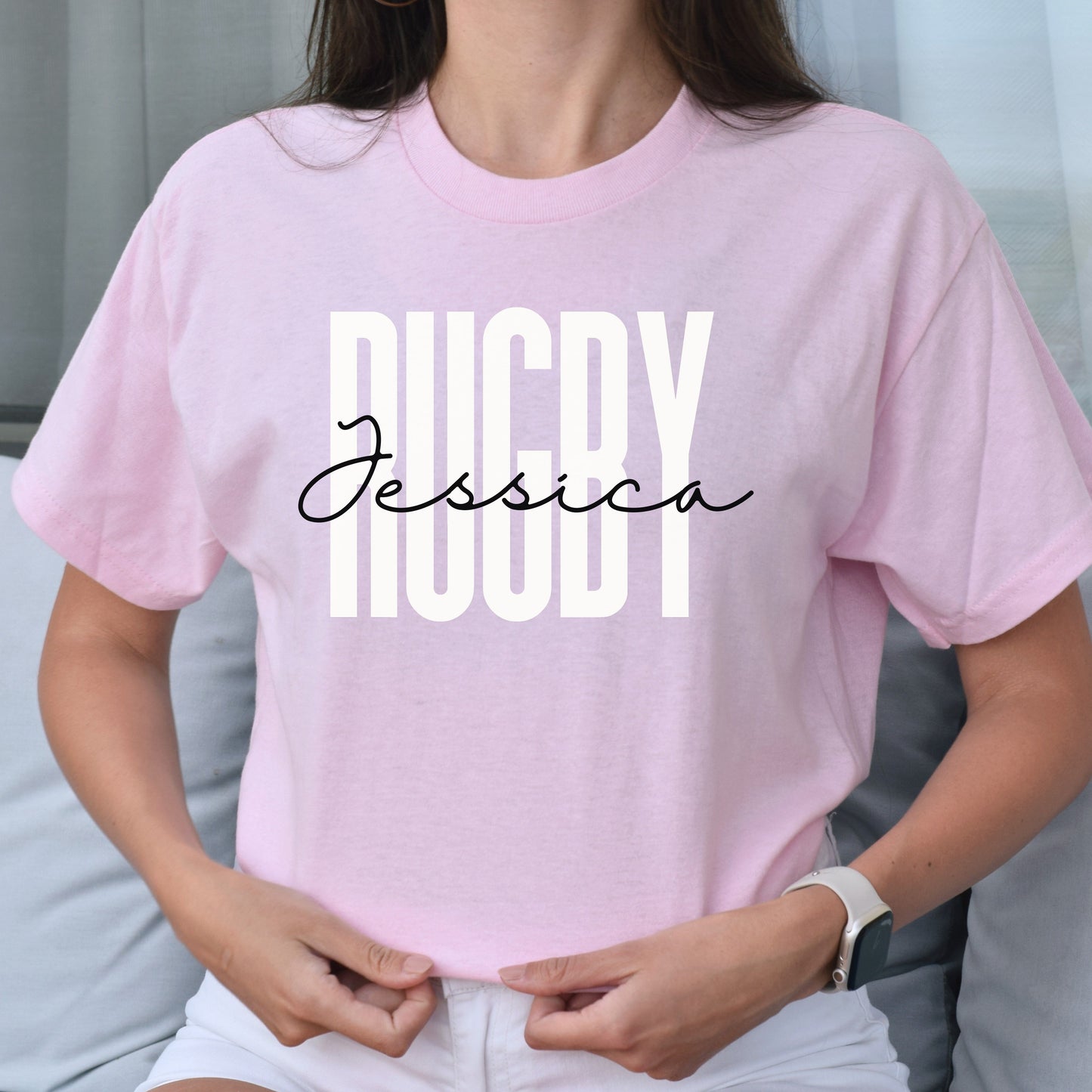 Personalized Rugby T-shirt gift Custom name Rugby player Rugby coach Unisex Tee Sand Pink Light Blue-Light Pink-Family-Gift-Planet