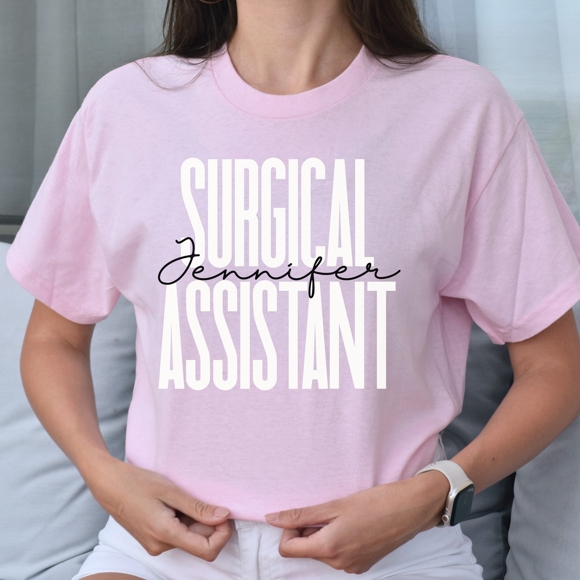 Personalized Surgical assistant T-shirt gift Custom name Surgery squad Unisex Tee Sand Pink Light Blue-Light Pink-Family-Gift-Planet