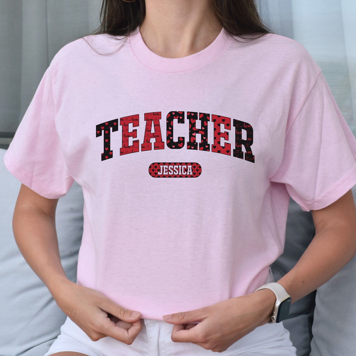 Personalized Teacher Valentine's Day Unisex T-Shirt Custom name School teacher heart love-Light Pink-Family-Gift-Planet