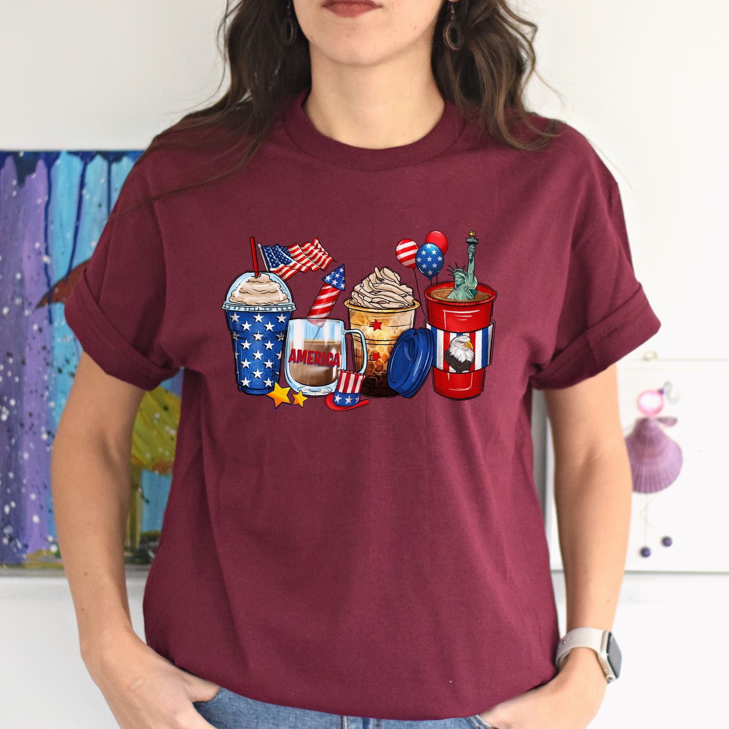 4th of July coffee cups unisex tshirt US Independence day S-5XL-Maroon-Family-Gift-Planet