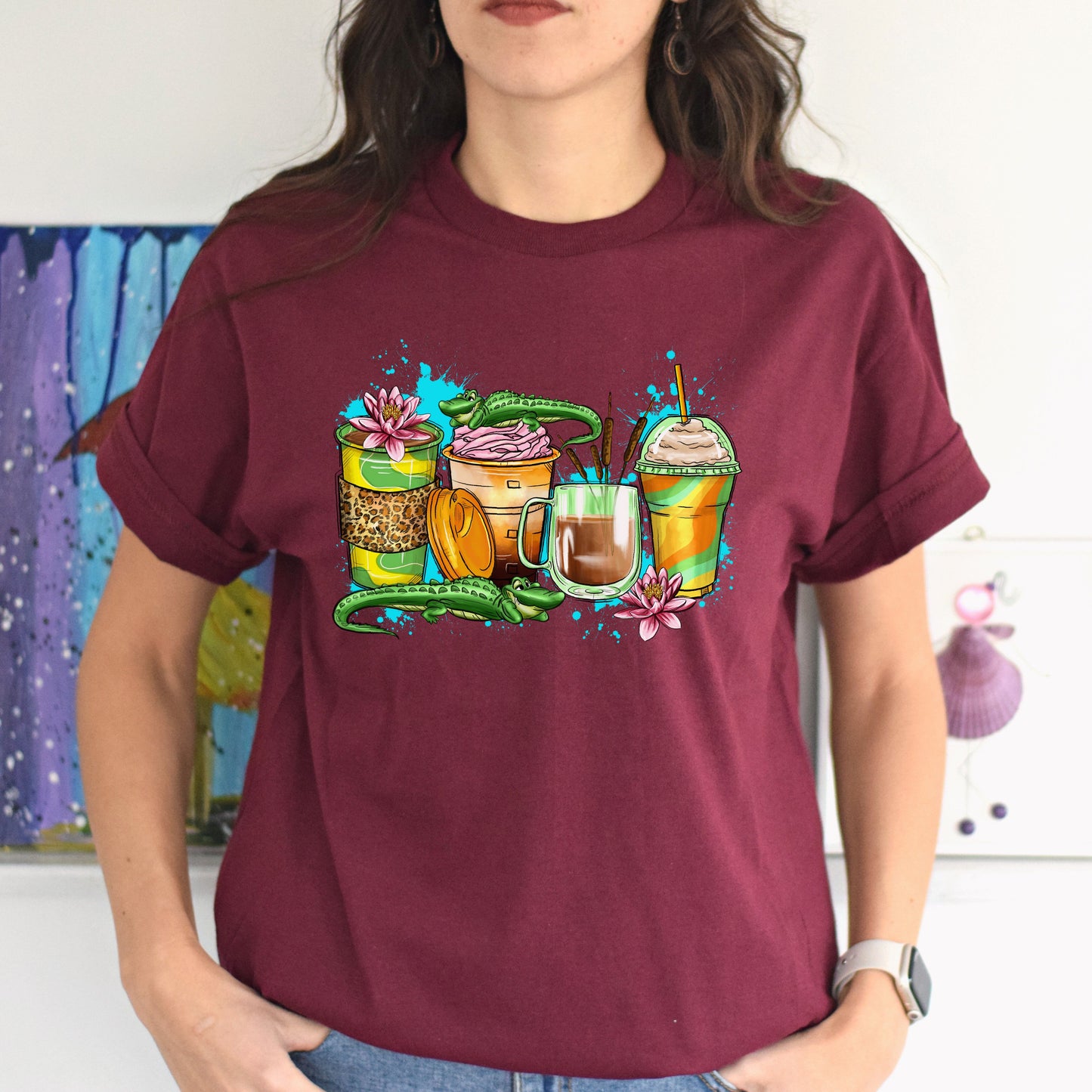 Aligator and coffee cups unisex tshirt jungle crocodile tee S-5XL-Family-Gift-Planet