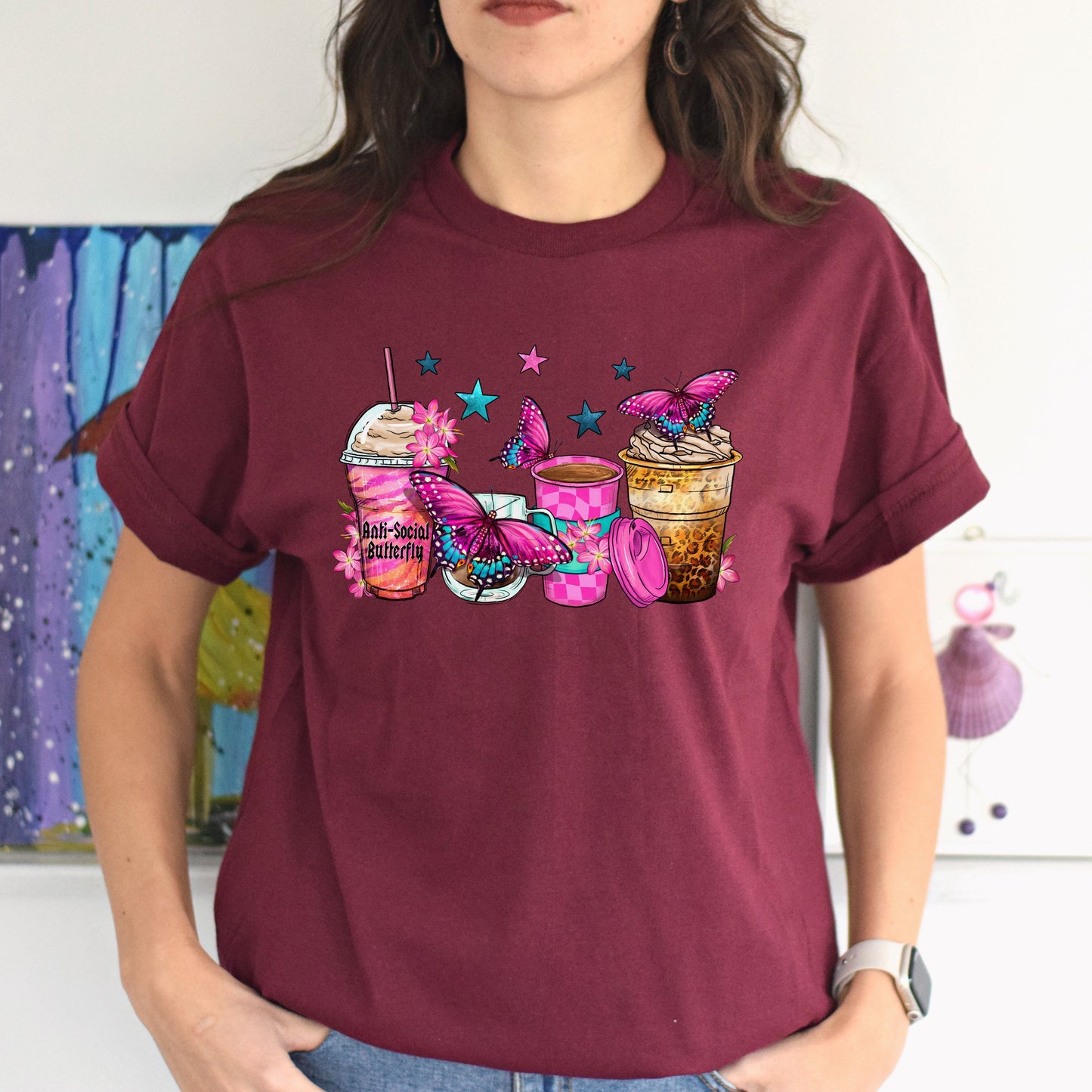 Anti-social butterfly coffee cups unisex tshirt S-5XL-Family-Gift-Planet