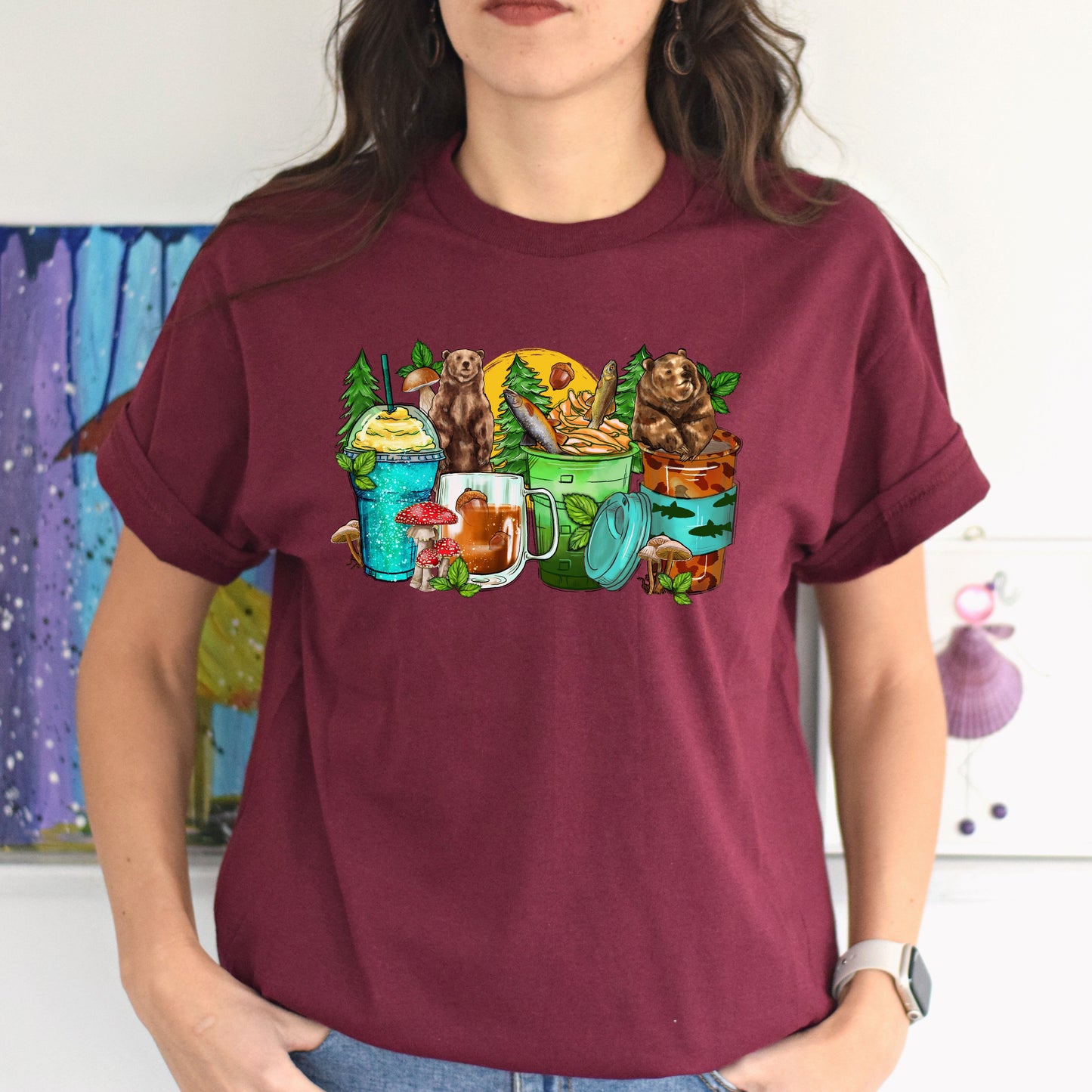 Bear and coffee cups unisex tshirt forest hunter tee S-5XL-Family-Gift-Planet