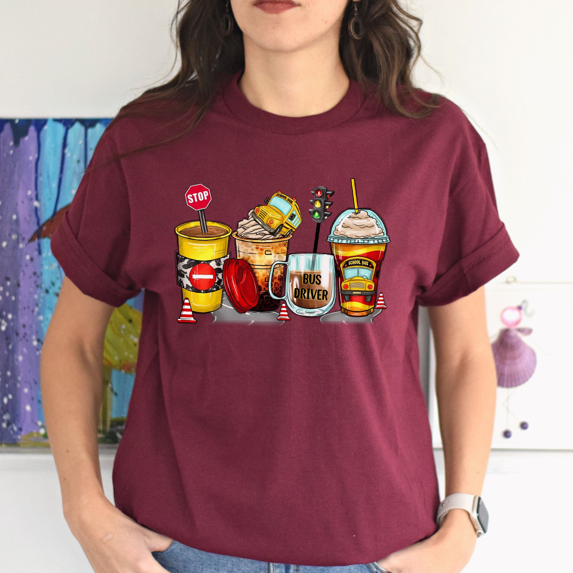 School bus driver and coffee cups unisex tshirt back to school tee S-5XL-Maroon-Family-Gift-Planet