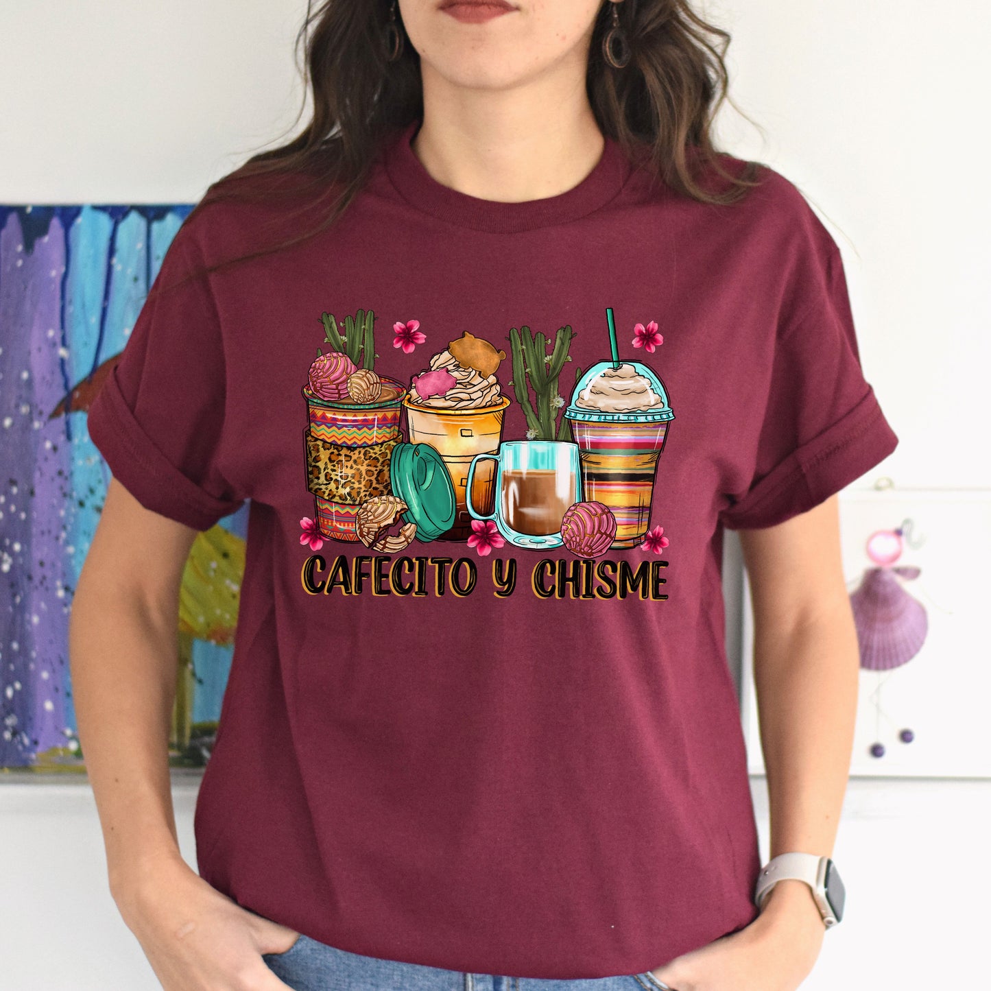 Cafecito y chisme coffee cups unisex tshirt Mexican coffee lover tee S-5XL-Family-Gift-Planet