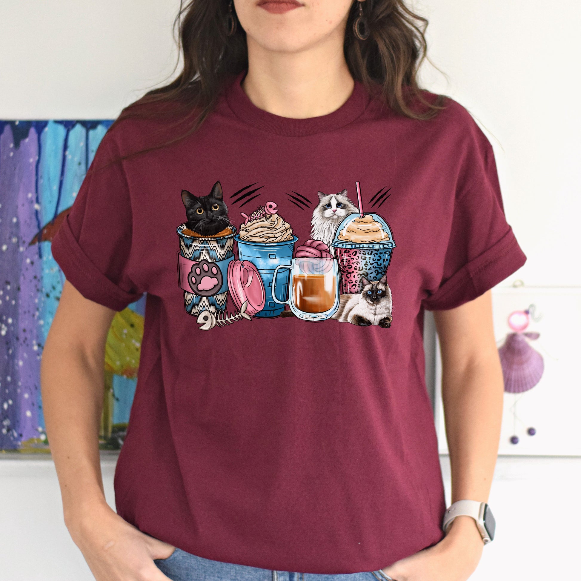 Cats coffee cups unisex tshirt cats owner tee S-5XL-Maroon-Family-Gift-Planet