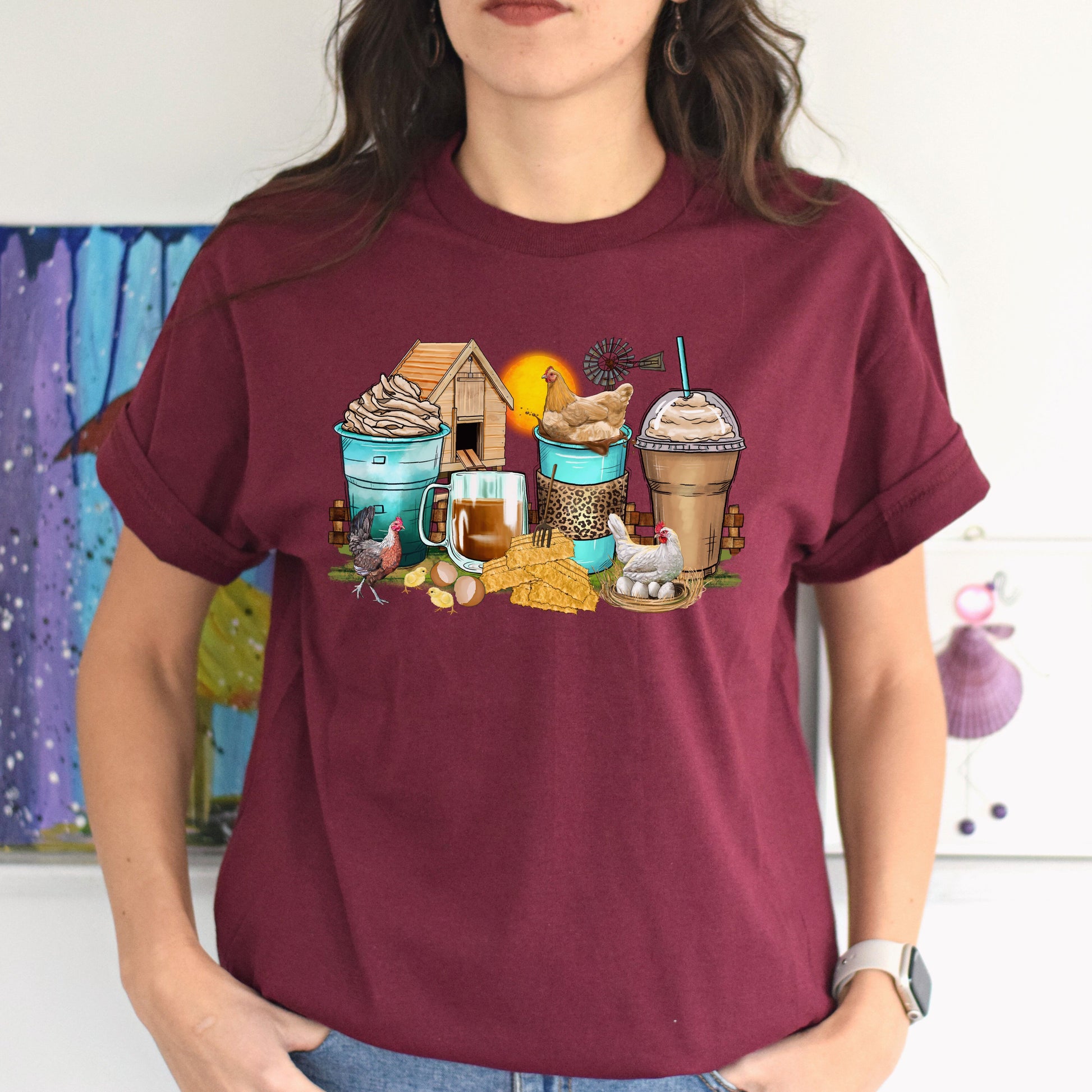 Chicken and coffee cups unisex tshirt farmer chicken owner tee S-5XL-Family-Gift-Planet