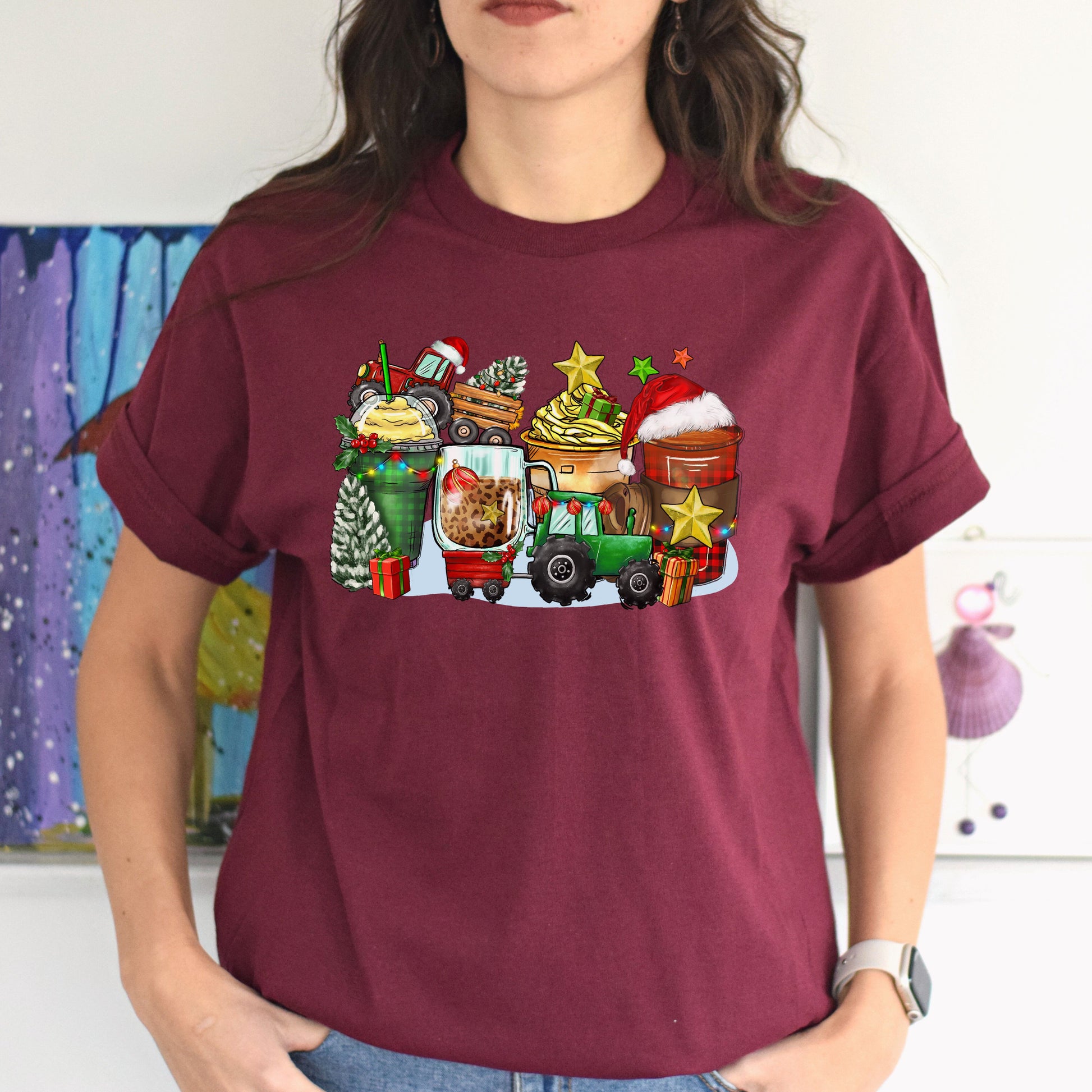 Christmas tractor and coffee cups unisex tshirt tractor owner tee S-5XL-Family-Gift-Planet