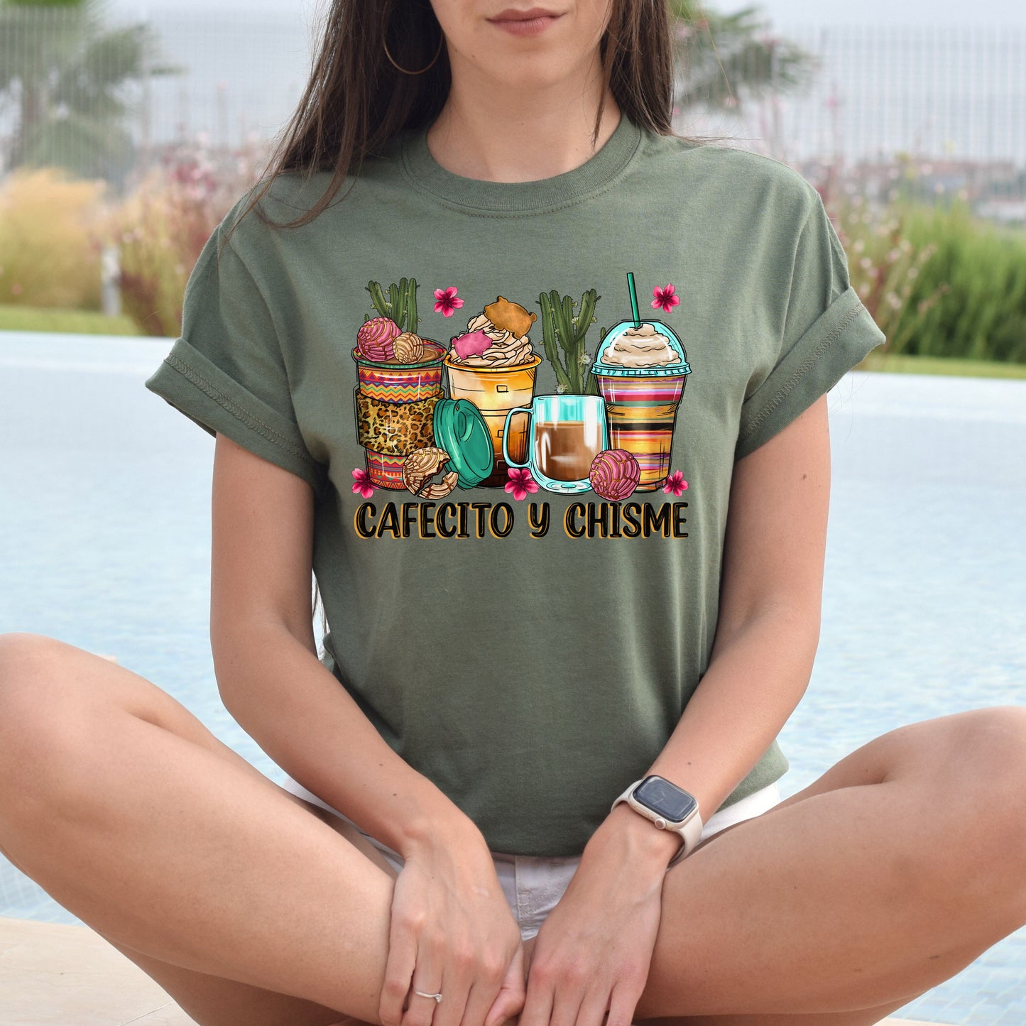 Cafecito y chisme coffee cups unisex tshirt Mexican coffee lover tee S-5XL-Family-Gift-Planet