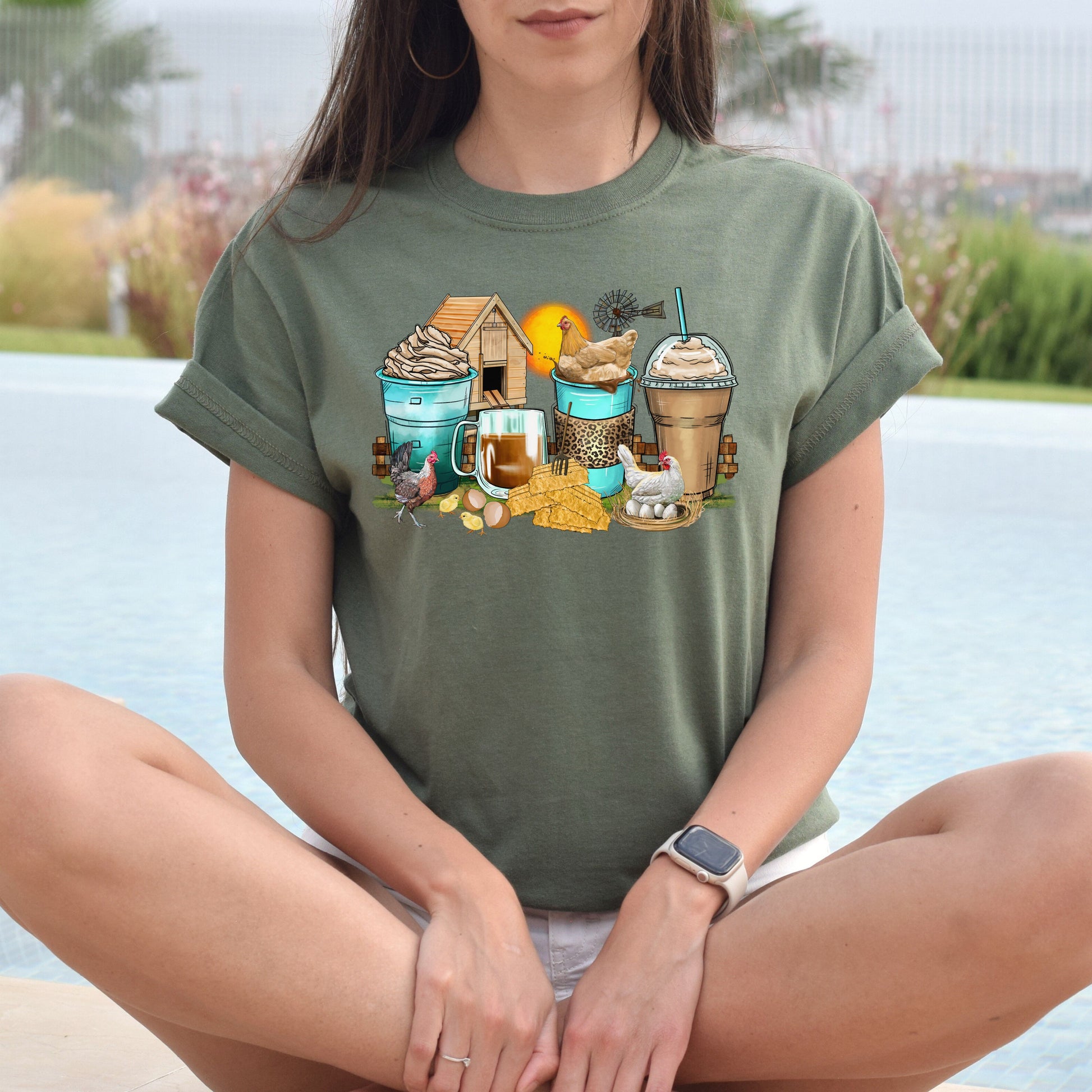 Chicken and coffee cups unisex tshirt farmer chicken owner tee S-5XL-Family-Gift-Planet