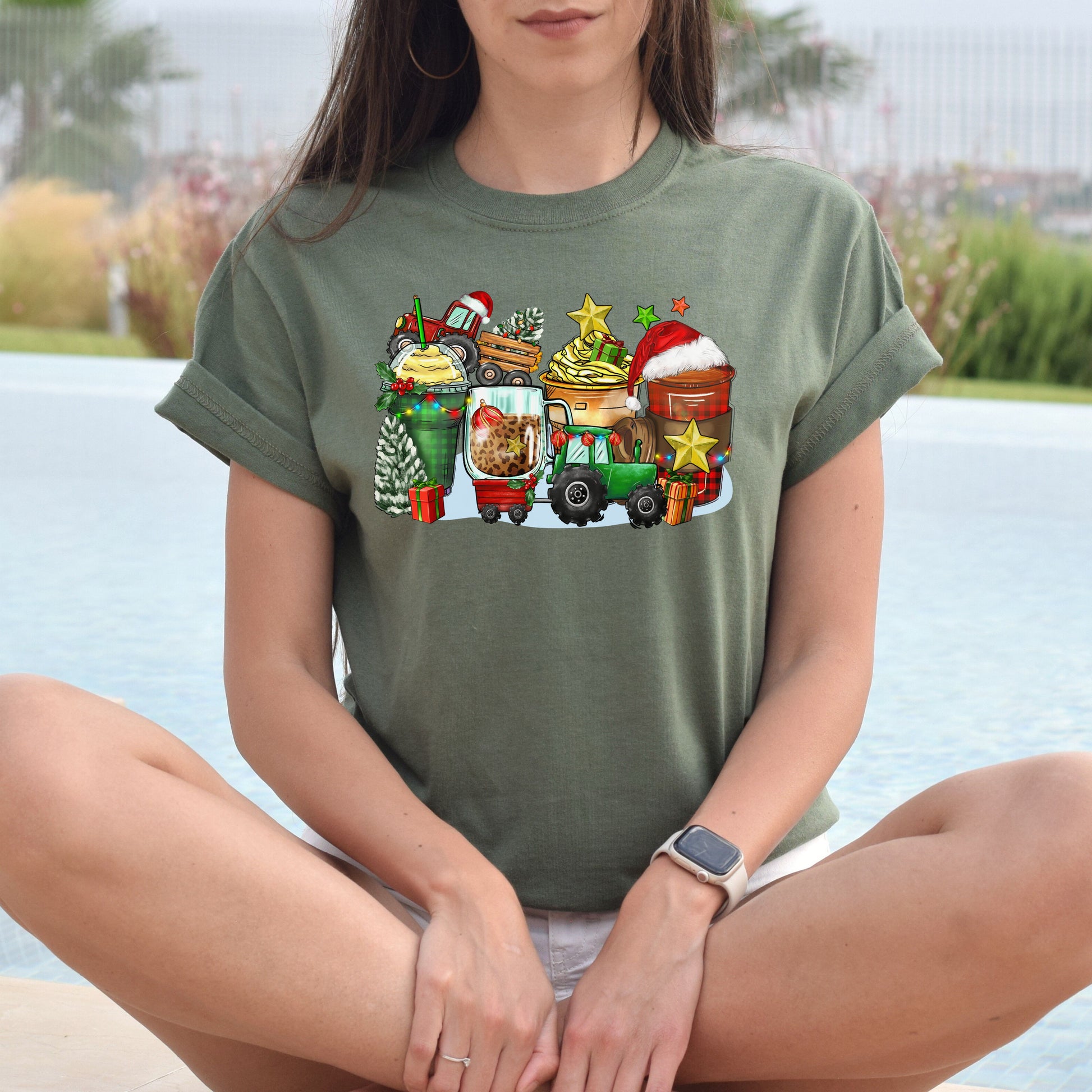 Christmas tractor and coffee cups unisex tshirt tractor owner tee S-5XL-Family-Gift-Planet